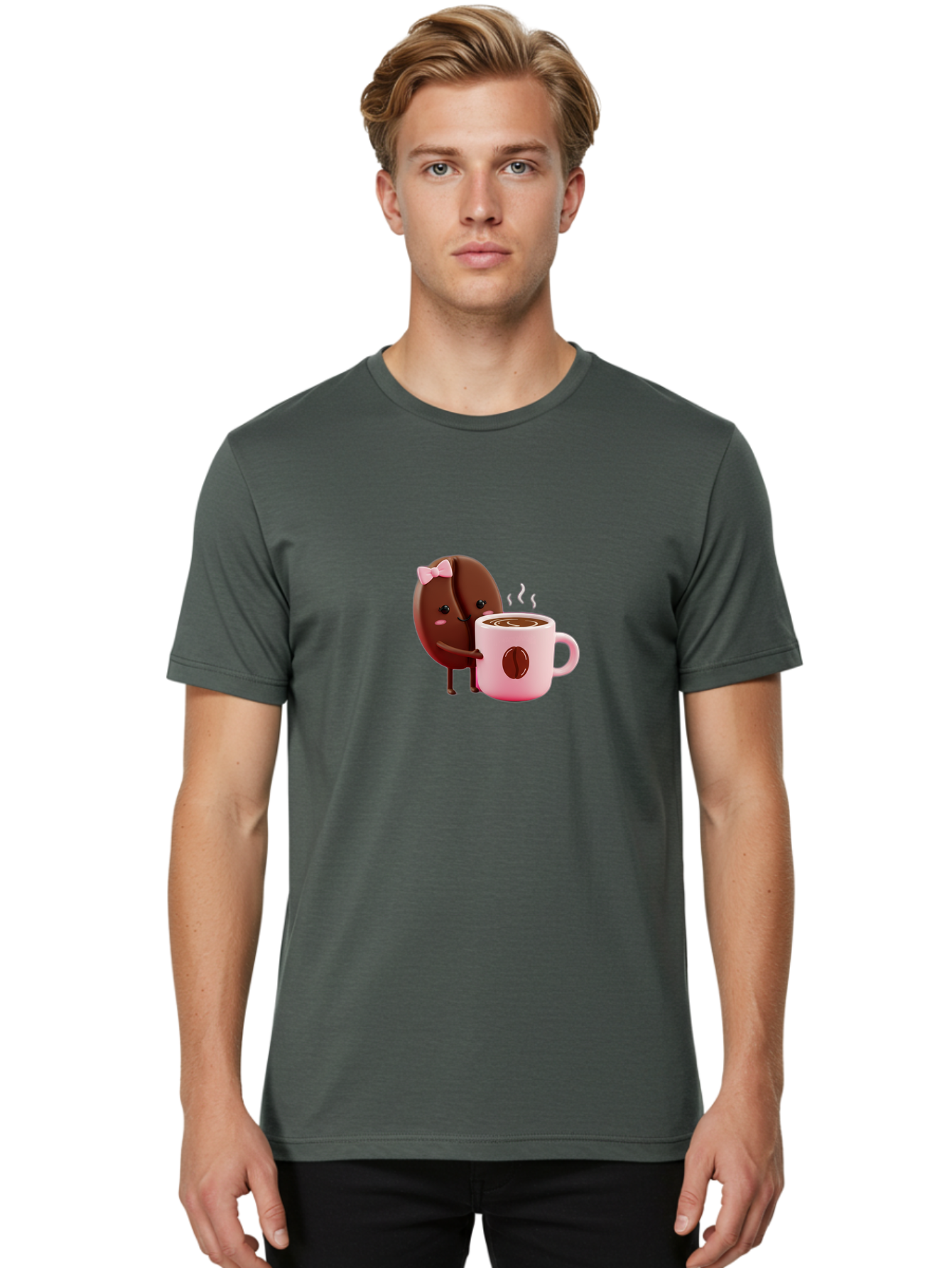 Coffee-Bean-Character-3 Men'S Graphic Tee, 100% Cotton, Comfortable Casual Summer Wear, Machine Washable, Cartoon Coffee Bean, Pink Bow, Coffee Mug, Hot Coffee, Adorable Character, Steaming Coffee, Coffee Lover, Cute Illustration, Bab775