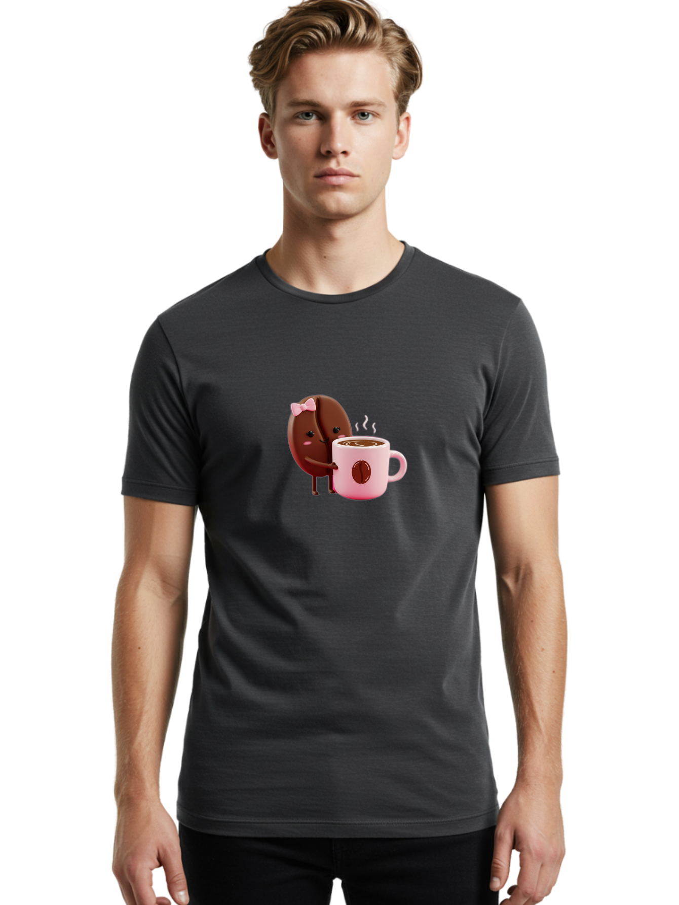 Coffee-Bean-Character-3 Men'S Graphic Tee, 100% Cotton, Comfortable Casual Summer Wear, Machine Washable, Cartoon Coffee Bean, Pink Bow, Coffee Mug, Hot Coffee, Adorable Character, Steaming Coffee, Coffee Lover, Cute Illustration, Bab775