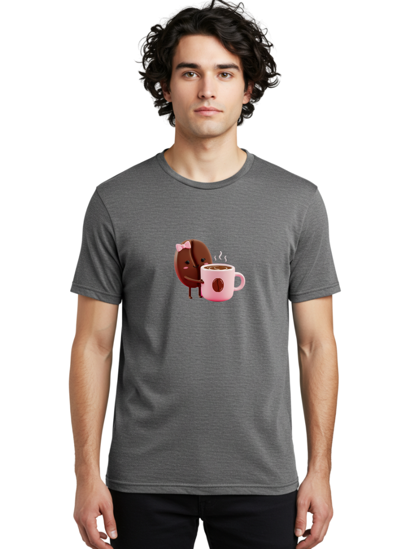 Coffee-Bean-Character-3 Men'S Graphic Tee, 100% Cotton, Comfortable Casual Summer Wear, Machine Washable, Cartoon Coffee Bean, Pink Bow, Coffee Mug, Hot Coffee, Adorable Character, Steaming Coffee, Coffee Lover, Cute Illustration, Bab775
