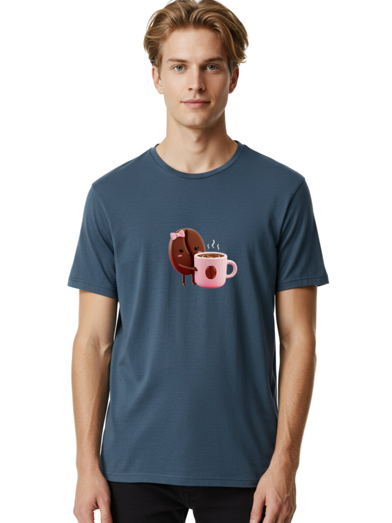 Coffee-Bean-Character-3 Men'S Graphic Tee, 100% Cotton, Comfortable Casual Summer Wear, Machine Washable, Cartoon Coffee Bean, Pink Bow, Coffee Mug, Hot Coffee, Adorable Character, Steaming Coffee, Coffee Lover, Cute Illustration, Bab775