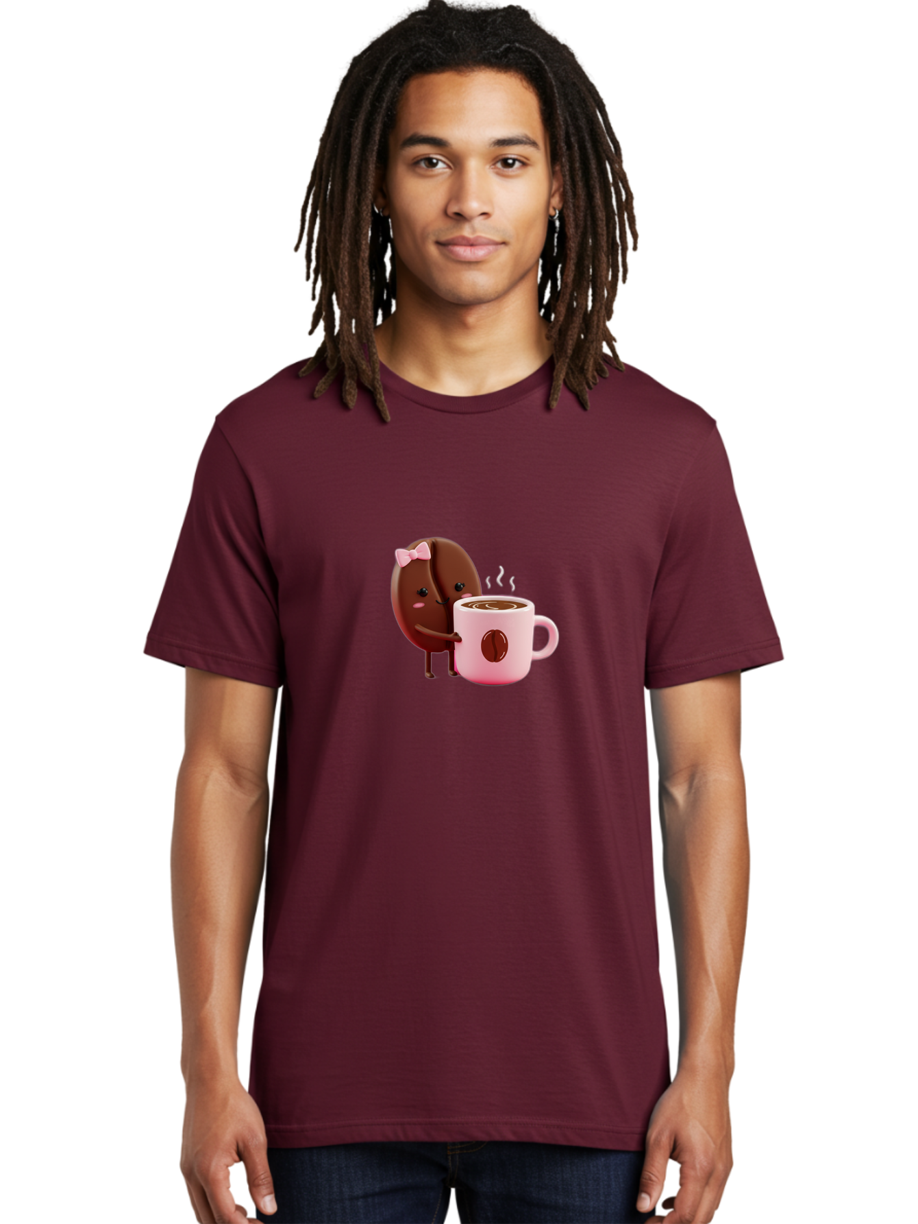 Coffee-Bean-Character-3 Men'S Graphic Tee, 100% Cotton, Comfortable Casual Summer Wear, Machine Washable, Cartoon Coffee Bean, Pink Bow, Coffee Mug, Hot Coffee, Adorable Character, Steaming Coffee, Coffee Lover, Cute Illustration, Bab775