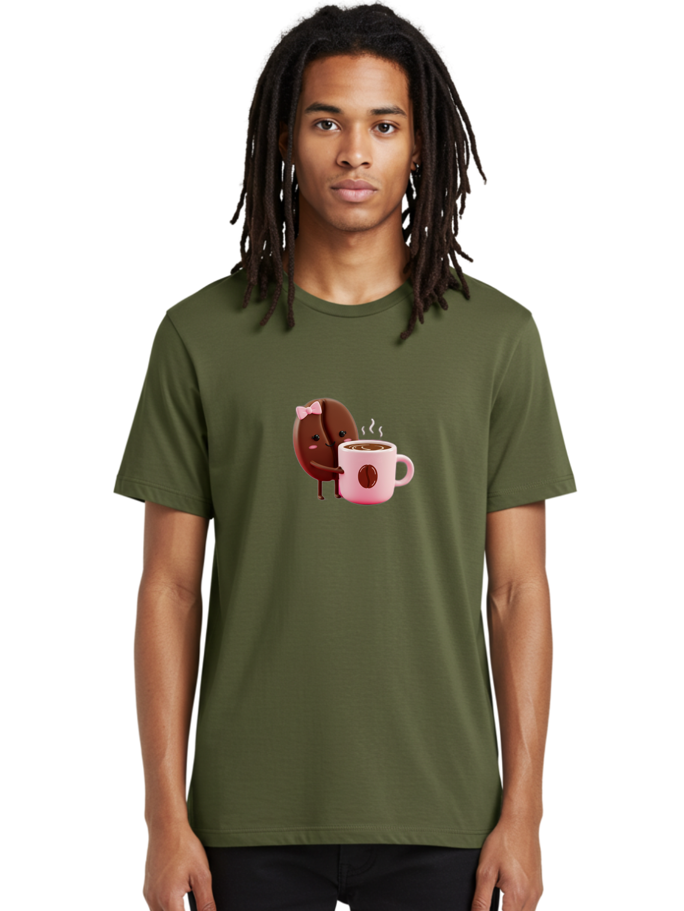 Coffee-Bean-Character-3 Men'S Graphic Tee, 100% Cotton, Comfortable Casual Summer Wear, Machine Washable, Cartoon Coffee Bean, Pink Bow, Coffee Mug, Hot Coffee, Adorable Character, Steaming Coffee, Coffee Lover, Cute Illustration, Bab775