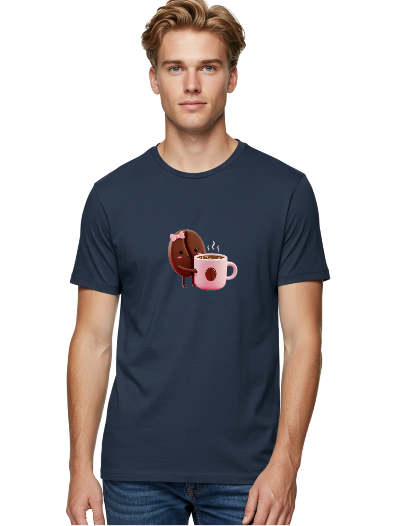 Coffee-Bean-Character-3 Men'S Graphic Tee, 100% Cotton, Comfortable Casual Summer Wear, Machine Washable, Cartoon Coffee Bean, Pink Bow, Coffee Mug, Hot Coffee, Adorable Character, Steaming Coffee, Coffee Lover, Cute Illustration, Bab775