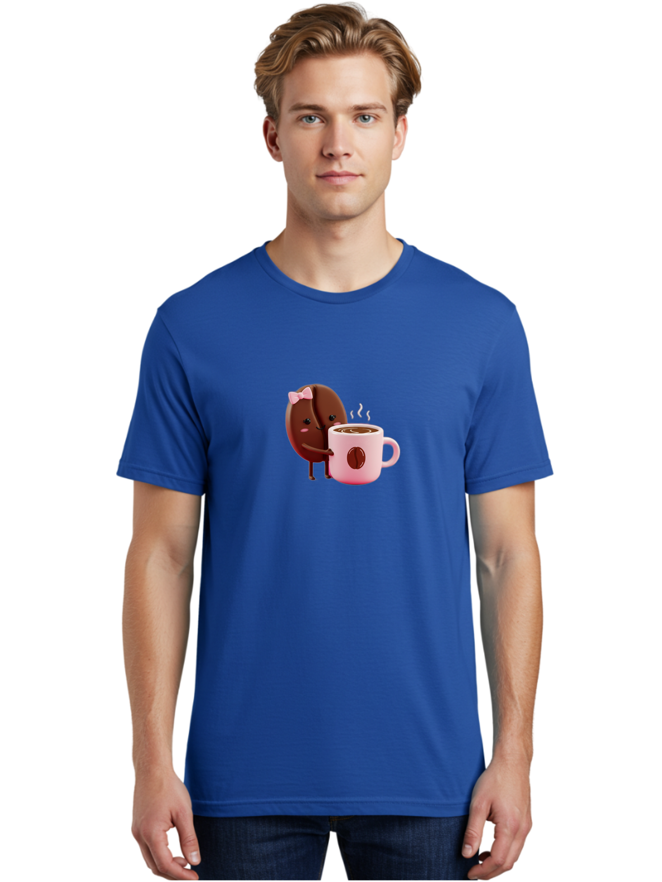 Coffee-Bean-Character-3 Men'S Graphic Tee, 100% Cotton, Comfortable Casual Summer Wear, Machine Washable, Cartoon Coffee Bean, Pink Bow, Coffee Mug, Hot Coffee, Adorable Character, Steaming Coffee, Coffee Lover, Cute Illustration, Bab775