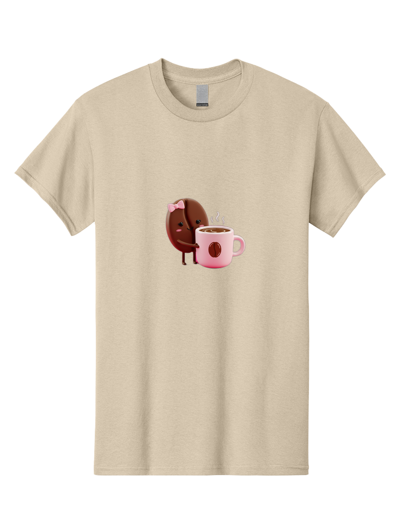 Coffee-Bean-Character-3 Men'S Graphic Tee, 100% Cotton, Comfortable Casual Summer Wear, Machine Washable, Cartoon Coffee Bean, Pink Bow, Coffee Mug, Hot Coffee, Adorable Character, Steaming Coffee, Coffee Lover, Cute Illustration, Bab775