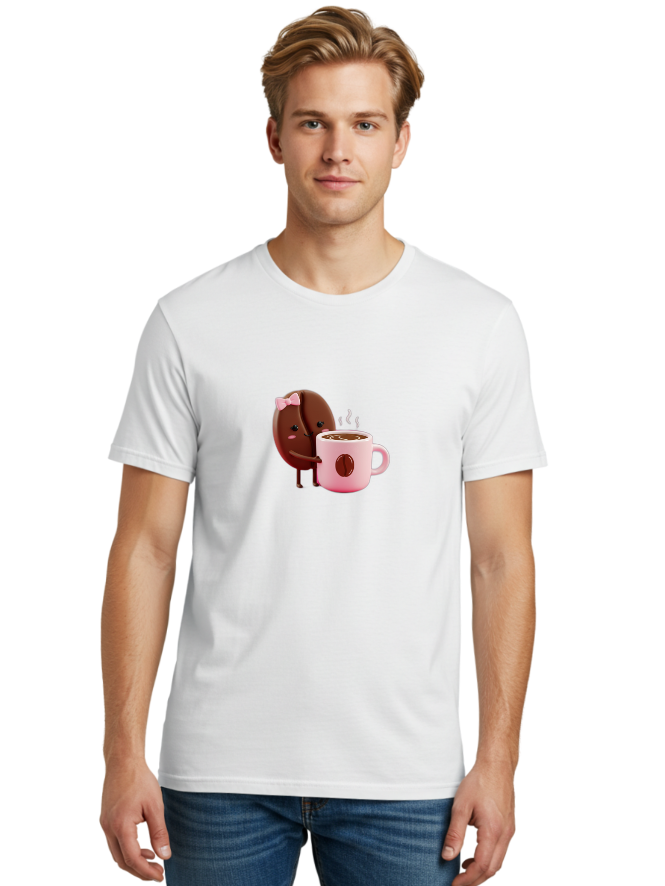 Coffee-Bean-Character-3 Men'S Graphic Tee, 100% Cotton, Comfortable Casual Summer Wear, Machine Washable, Cartoon Coffee Bean, Pink Bow, Coffee Mug, Hot Coffee, Adorable Character, Steaming Coffee, Coffee Lover, Cute Illustration, Bab775