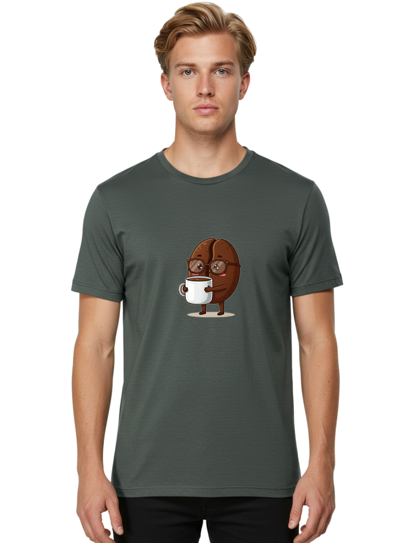 Coffee-Bean-Character-4 Men'S Graphic Tee, 100% Cotton, Comfortable Casual Summer Wear, Machine Washable, Coffee Bean Character, Coffee Lover, Brown Coffee Bean, Holding Coffee Mug, Coffee Break, Cartoon Style, Coffee Culture, Funny Character, Bab776