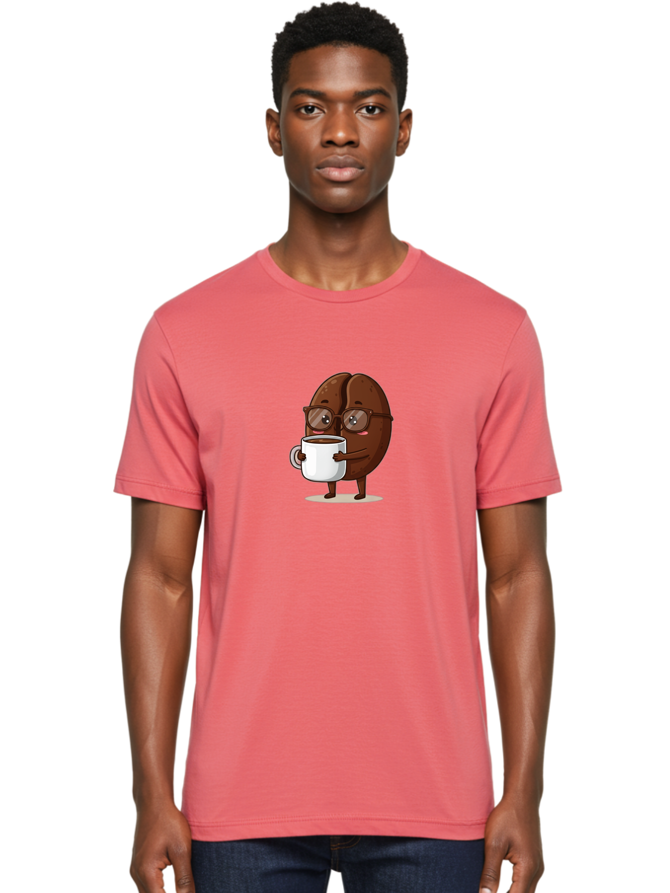 Coffee-Bean-Character-4 Men'S Graphic Tee, 100% Cotton, Comfortable Casual Summer Wear, Machine Washable, Coffee Bean Character, Coffee Lover, Brown Coffee Bean, Holding Coffee Mug, Coffee Break, Cartoon Style, Coffee Culture, Funny Character, Bab776