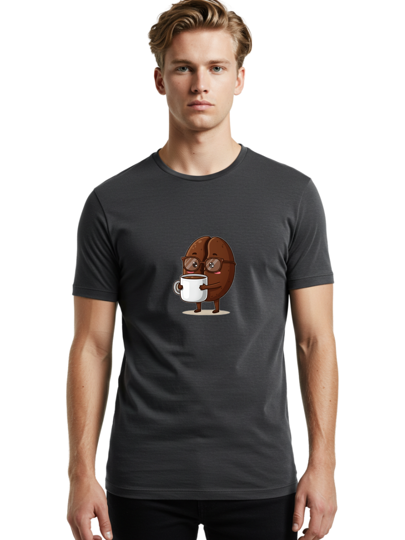 Coffee-Bean-Character-4 Men'S Graphic Tee, 100% Cotton, Comfortable Casual Summer Wear, Machine Washable, Coffee Bean Character, Coffee Lover, Brown Coffee Bean, Holding Coffee Mug, Coffee Break, Cartoon Style, Coffee Culture, Funny Character, Bab776