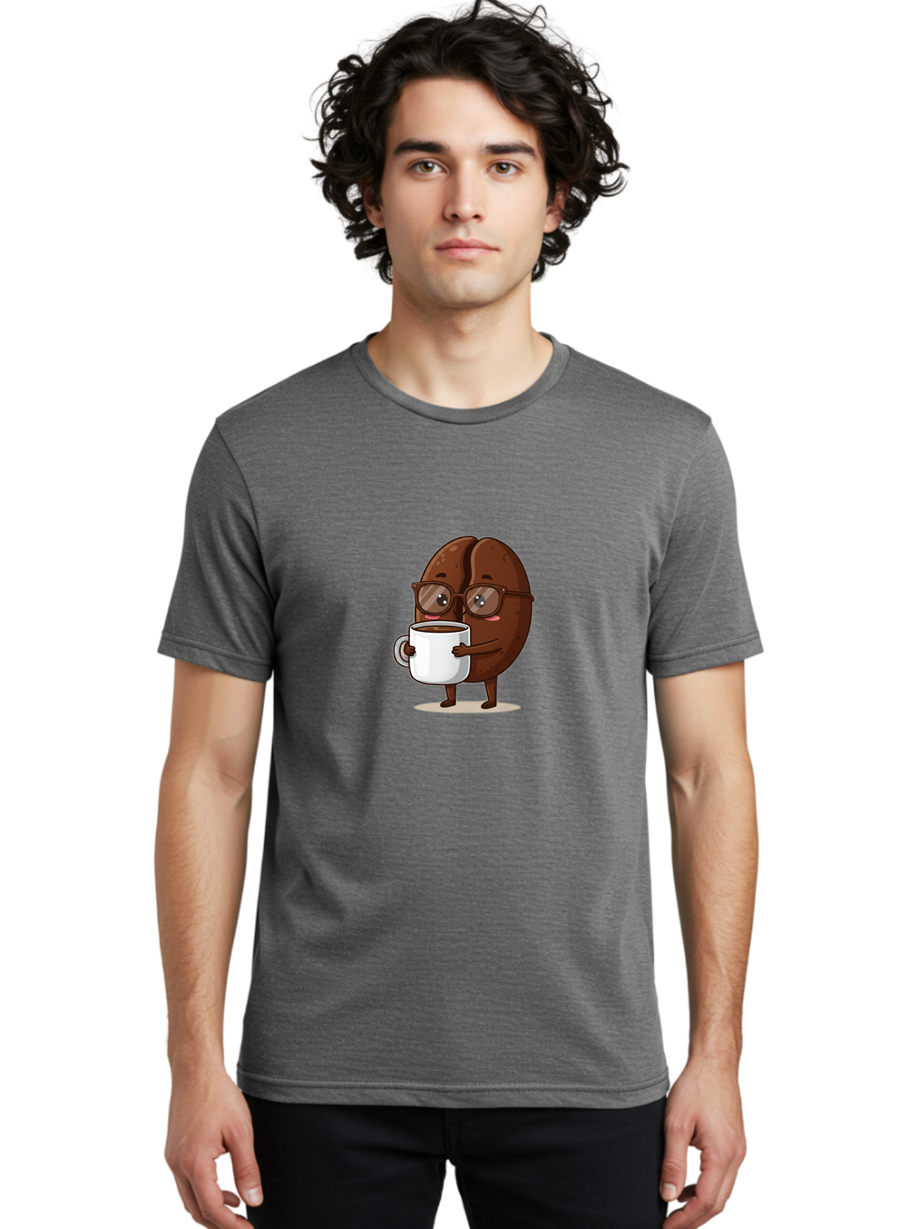 Coffee-Bean-Character-4 Men'S Graphic Tee, 100% Cotton, Comfortable Casual Summer Wear, Machine Washable, Coffee Bean Character, Coffee Lover, Brown Coffee Bean, Holding Coffee Mug, Coffee Break, Cartoon Style, Coffee Culture, Funny Character, Bab776