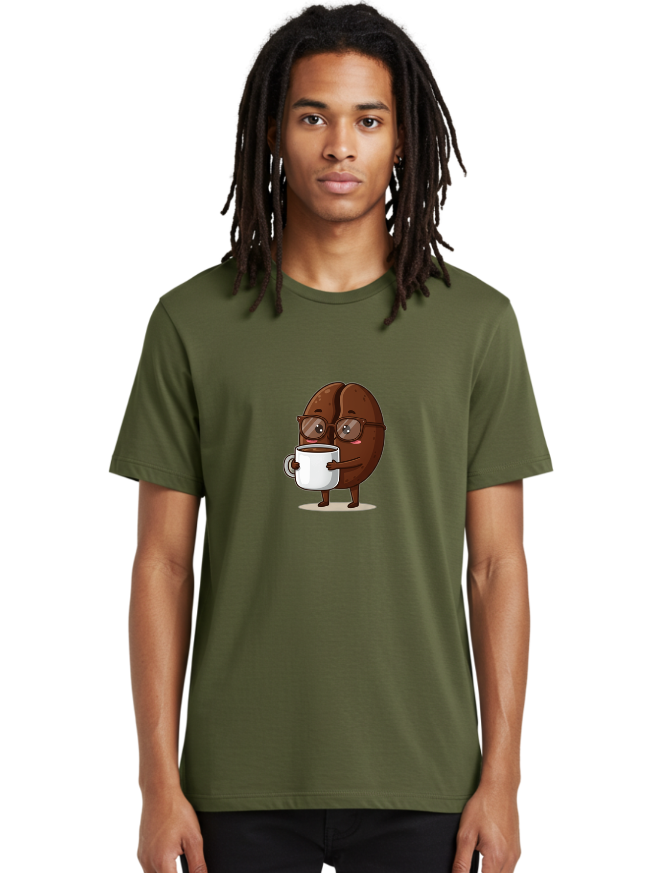 Coffee-Bean-Character-4 Men'S Graphic Tee, 100% Cotton, Comfortable Casual Summer Wear, Machine Washable, Coffee Bean Character, Coffee Lover, Brown Coffee Bean, Holding Coffee Mug, Coffee Break, Cartoon Style, Coffee Culture, Funny Character, Bab776