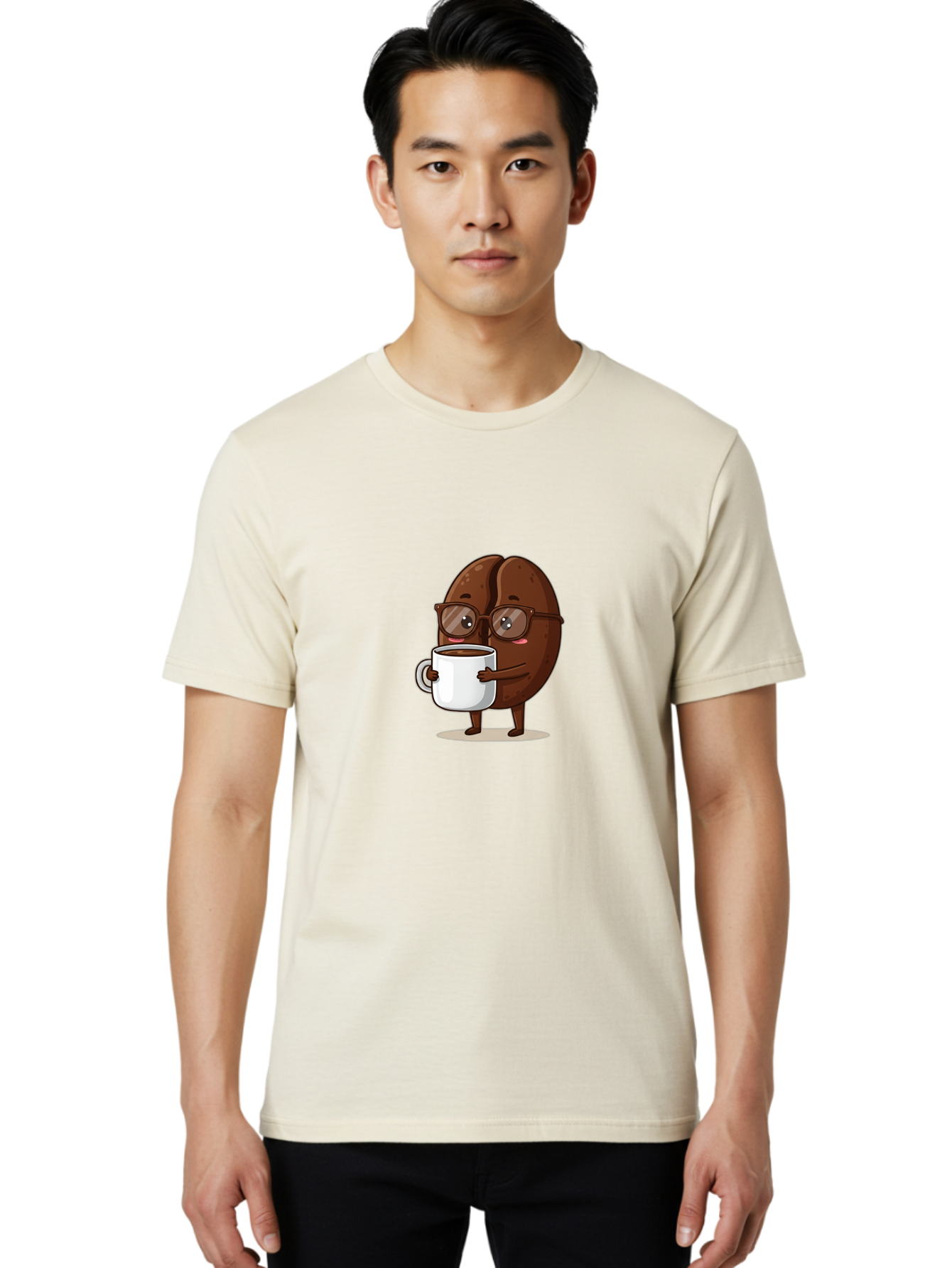 Coffee-Bean-Character-4 Men'S Graphic Tee, 100% Cotton, Comfortable Casual Summer Wear, Machine Washable, Coffee Bean Character, Coffee Lover, Brown Coffee Bean, Holding Coffee Mug, Coffee Break, Cartoon Style, Coffee Culture, Funny Character, Bab776