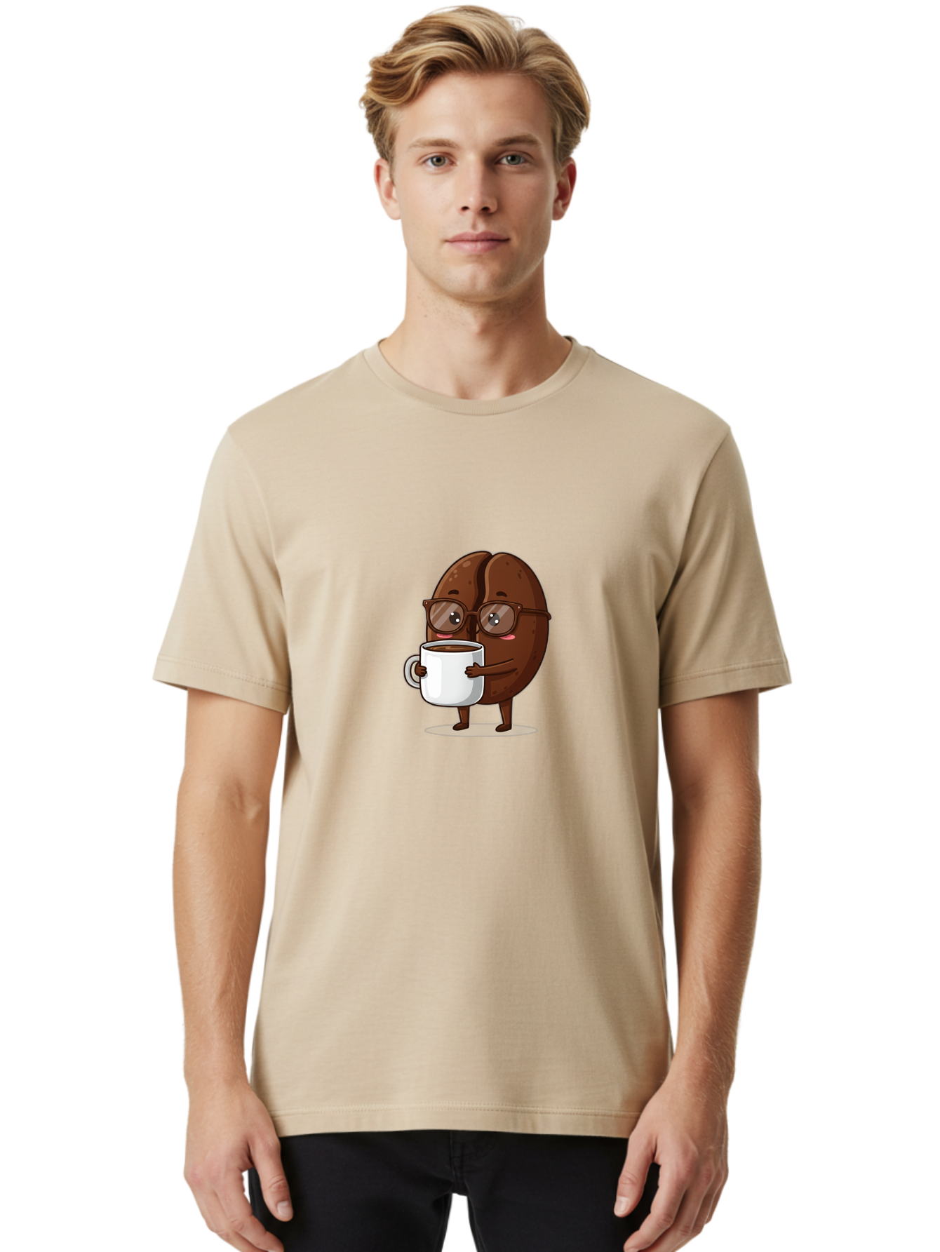 Coffee-Bean-Character-4 Men'S Graphic Tee, 100% Cotton, Comfortable Casual Summer Wear, Machine Washable, Coffee Bean Character, Coffee Lover, Brown Coffee Bean, Holding Coffee Mug, Coffee Break, Cartoon Style, Coffee Culture, Funny Character, Bab776
