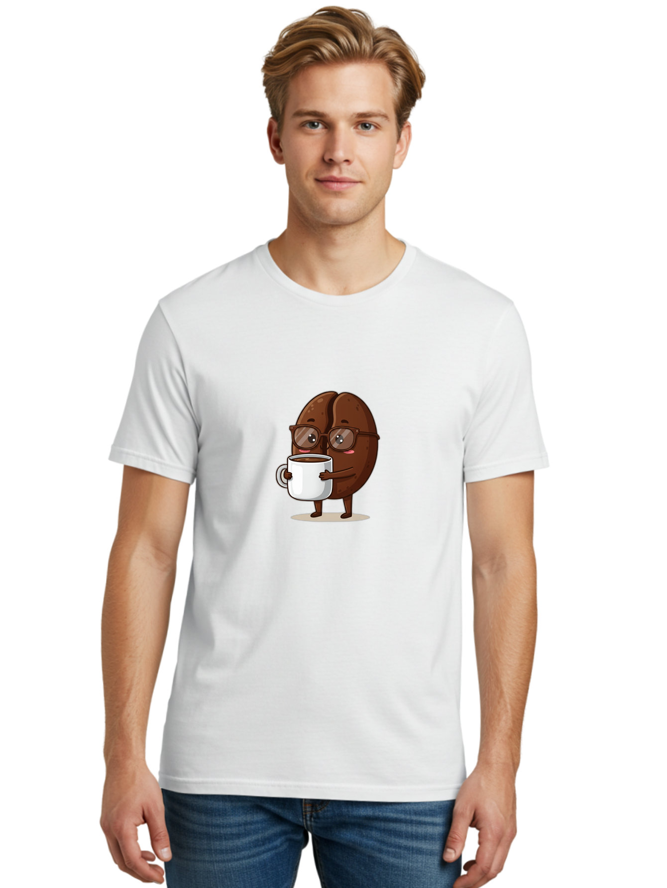 Coffee-Bean-Character-4 Men'S Graphic Tee, 100% Cotton, Comfortable Casual Summer Wear, Machine Washable, Coffee Bean Character, Coffee Lover, Brown Coffee Bean, Holding Coffee Mug, Coffee Break, Cartoon Style, Coffee Culture, Funny Character, Bab776