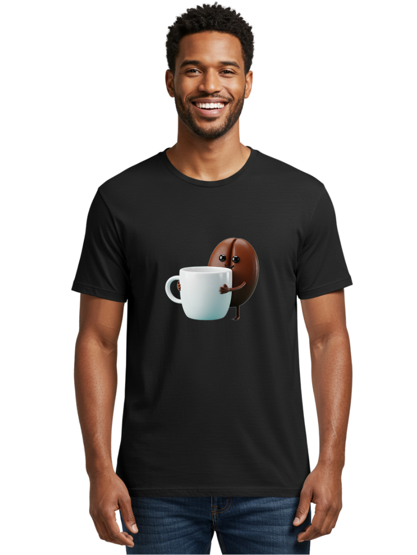 Coffee-Bean-Character Men'S Graphic Tee, 100% Cotton, Comfortable Casual Summer Wear, Machine Washable, Cartoon Coffee Bean, Holding Coffee Mug, Happy Face, Cute Character, Coffee Lover, Morning Pick-Me-Up, Coffee Culture, Fun Design, Bab777