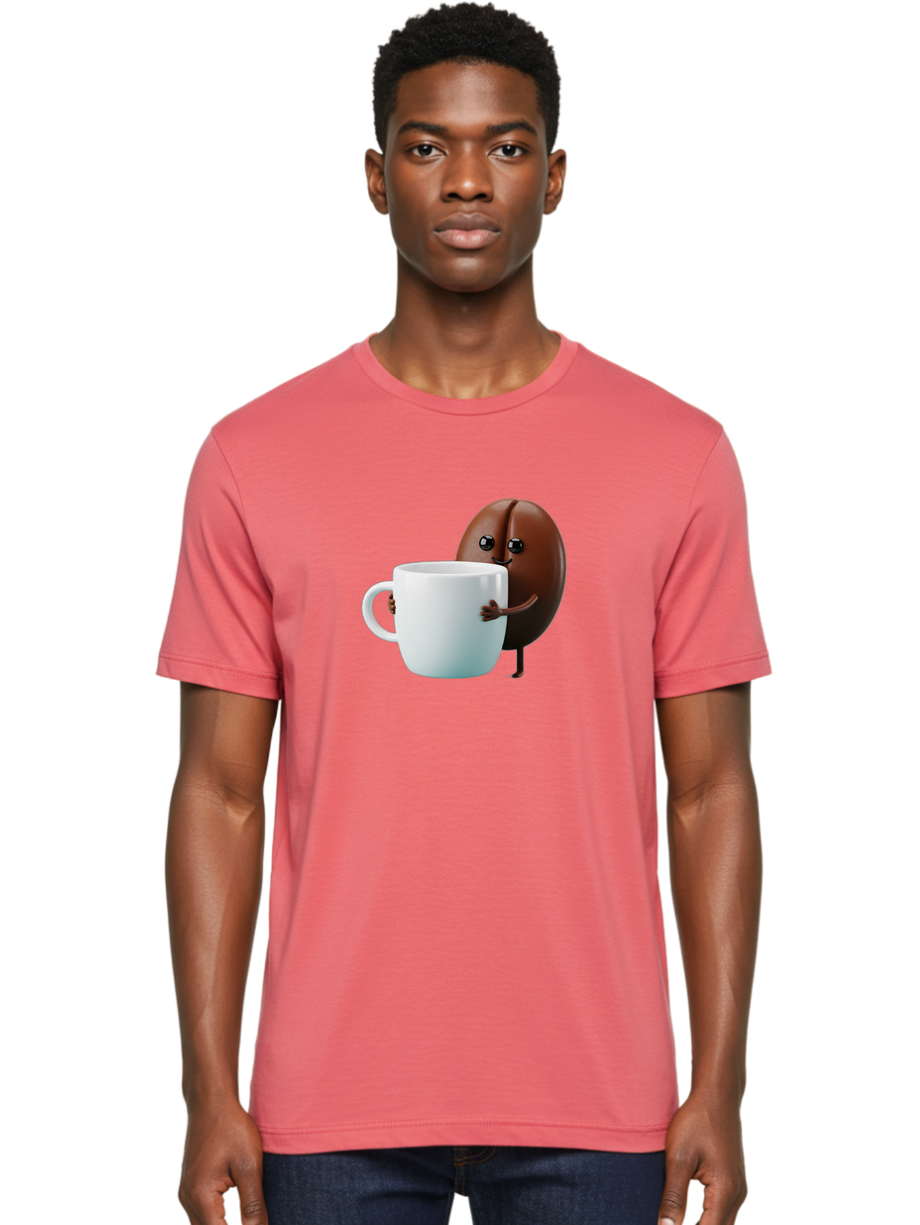Coffee-Bean-Character Men'S Graphic Tee, 100% Cotton, Comfortable Casual Summer Wear, Machine Washable, Cartoon Coffee Bean, Holding Coffee Mug, Happy Face, Cute Character, Coffee Lover, Morning Pick-Me-Up, Coffee Culture, Fun Design, Bab777