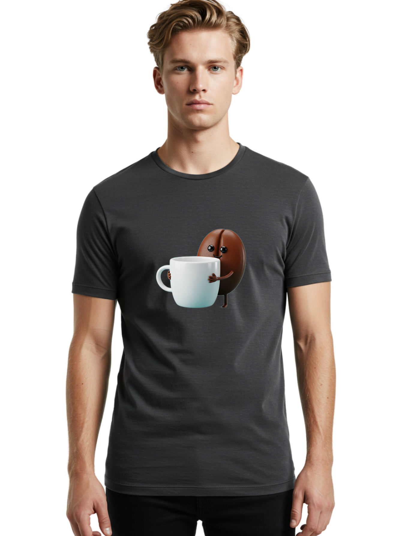 Coffee-Bean-Character Men'S Graphic Tee, 100% Cotton, Comfortable Casual Summer Wear, Machine Washable, Cartoon Coffee Bean, Holding Coffee Mug, Happy Face, Cute Character, Coffee Lover, Morning Pick-Me-Up, Coffee Culture, Fun Design, Bab777