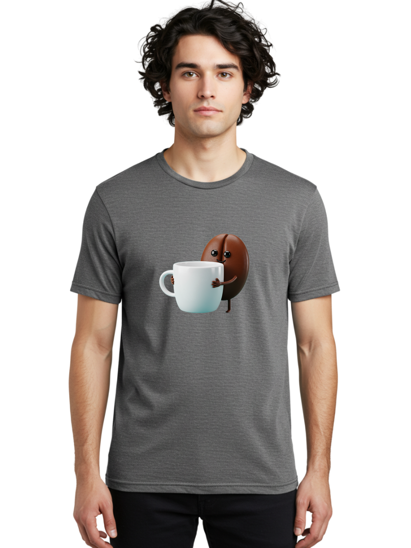 Coffee-Bean-Character Men'S Graphic Tee, 100% Cotton, Comfortable Casual Summer Wear, Machine Washable, Cartoon Coffee Bean, Holding Coffee Mug, Happy Face, Cute Character, Coffee Lover, Morning Pick-Me-Up, Coffee Culture, Fun Design, Bab777