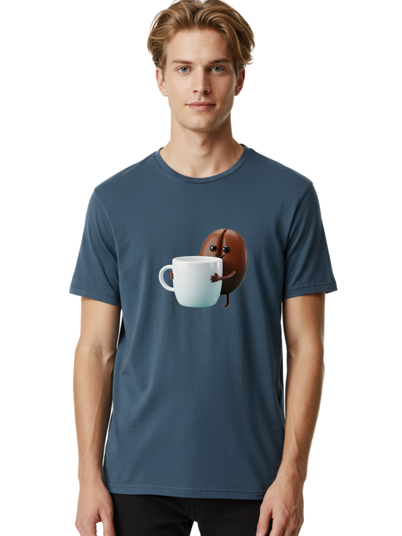 Coffee-Bean-Character Men'S Graphic Tee, 100% Cotton, Comfortable Casual Summer Wear, Machine Washable, Cartoon Coffee Bean, Holding Coffee Mug, Happy Face, Cute Character, Coffee Lover, Morning Pick-Me-Up, Coffee Culture, Fun Design, Bab777