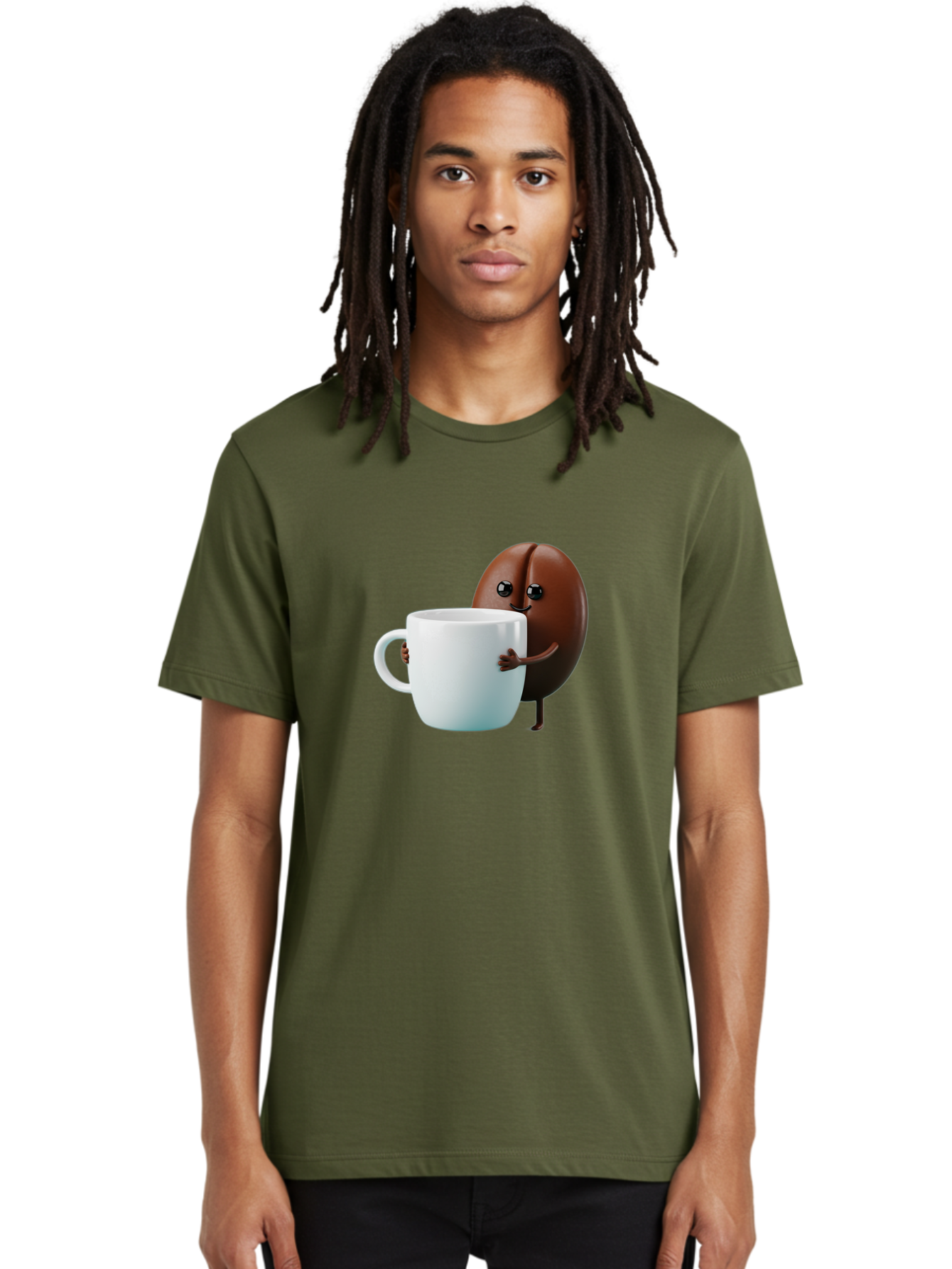 Coffee-Bean-Character Men'S Graphic Tee, 100% Cotton, Comfortable Casual Summer Wear, Machine Washable, Cartoon Coffee Bean, Holding Coffee Mug, Happy Face, Cute Character, Coffee Lover, Morning Pick-Me-Up, Coffee Culture, Fun Design, Bab777