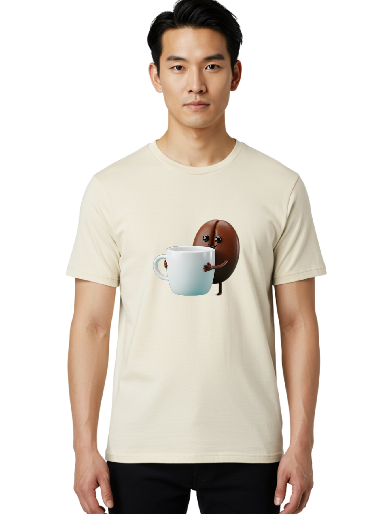 Coffee-Bean-Character Men'S Graphic Tee, 100% Cotton, Comfortable Casual Summer Wear, Machine Washable, Cartoon Coffee Bean, Holding Coffee Mug, Happy Face, Cute Character, Coffee Lover, Morning Pick-Me-Up, Coffee Culture, Fun Design, Bab777