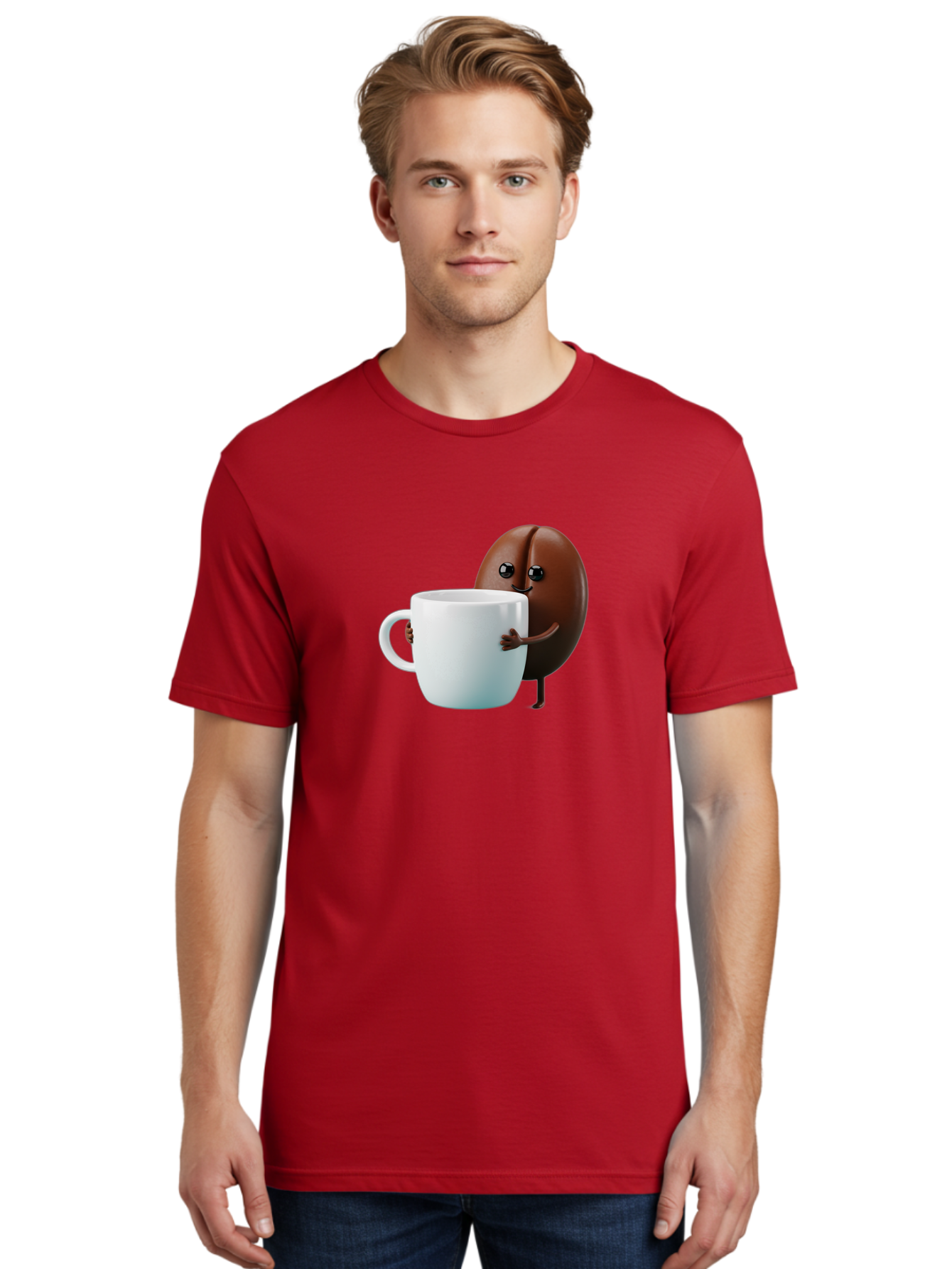 Coffee-Bean-Character Men'S Graphic Tee, 100% Cotton, Comfortable Casual Summer Wear, Machine Washable, Cartoon Coffee Bean, Holding Coffee Mug, Happy Face, Cute Character, Coffee Lover, Morning Pick-Me-Up, Coffee Culture, Fun Design, Bab777