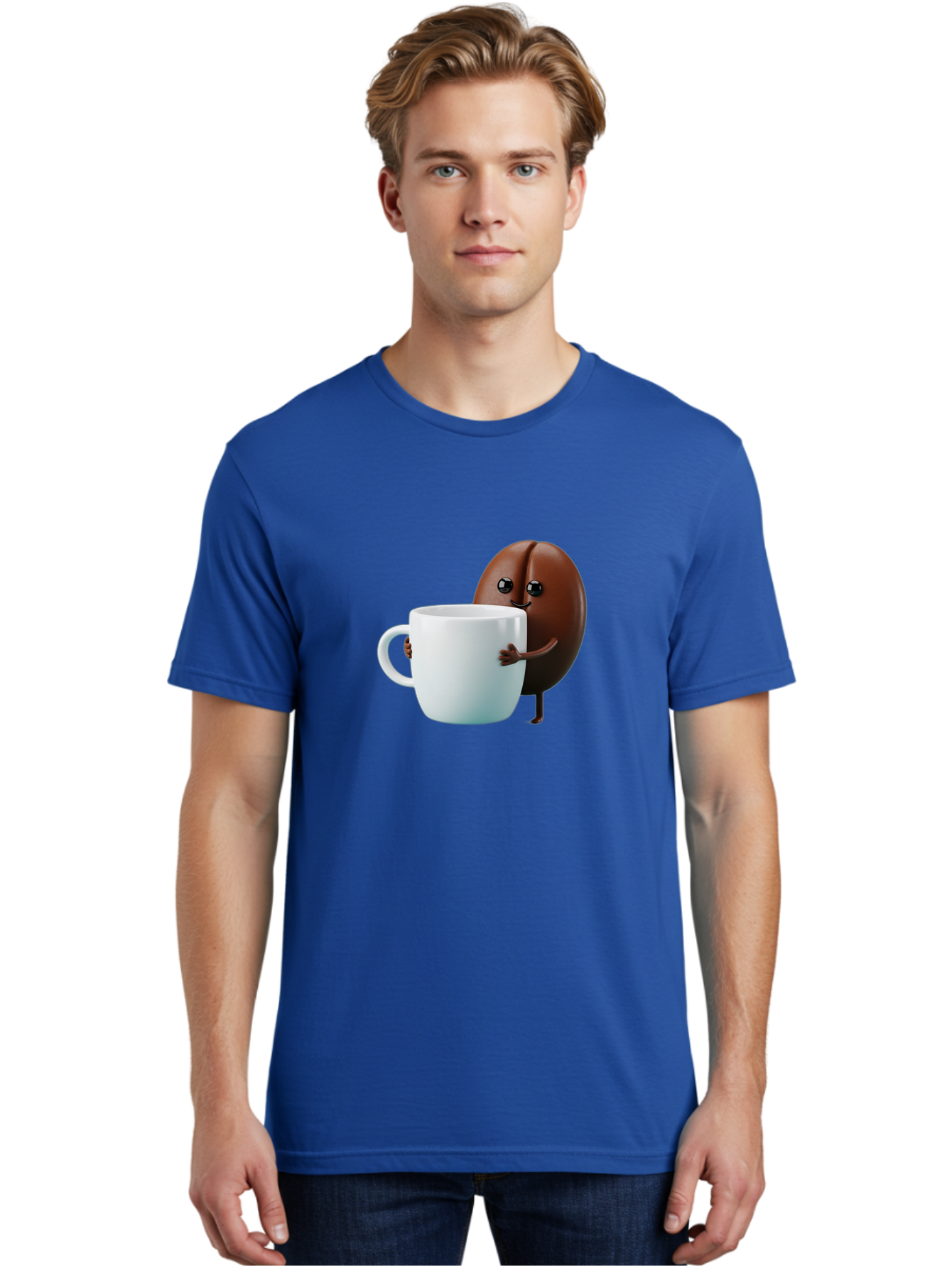Coffee-Bean-Character Men'S Graphic Tee, 100% Cotton, Comfortable Casual Summer Wear, Machine Washable, Cartoon Coffee Bean, Holding Coffee Mug, Happy Face, Cute Character, Coffee Lover, Morning Pick-Me-Up, Coffee Culture, Fun Design, Bab777