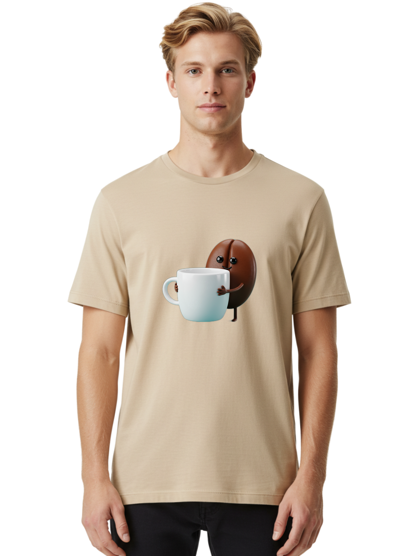 Coffee-Bean-Character Men'S Graphic Tee, 100% Cotton, Comfortable Casual Summer Wear, Machine Washable, Cartoon Coffee Bean, Holding Coffee Mug, Happy Face, Cute Character, Coffee Lover, Morning Pick-Me-Up, Coffee Culture, Fun Design, Bab777