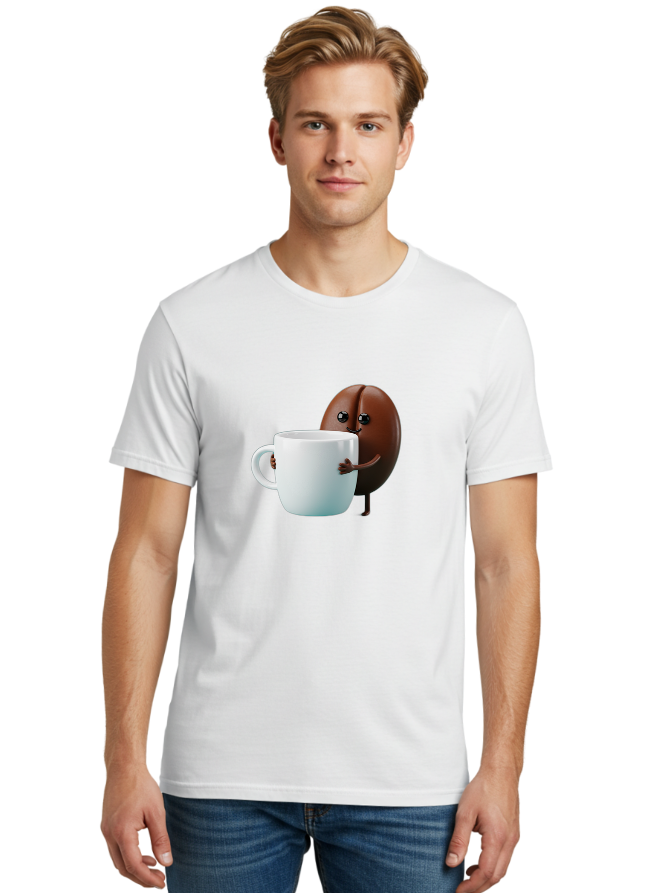 Coffee-Bean-Character Men'S Graphic Tee, 100% Cotton, Comfortable Casual Summer Wear, Machine Washable, Cartoon Coffee Bean, Holding Coffee Mug, Happy Face, Cute Character, Coffee Lover, Morning Pick-Me-Up, Coffee Culture, Fun Design, Bab777