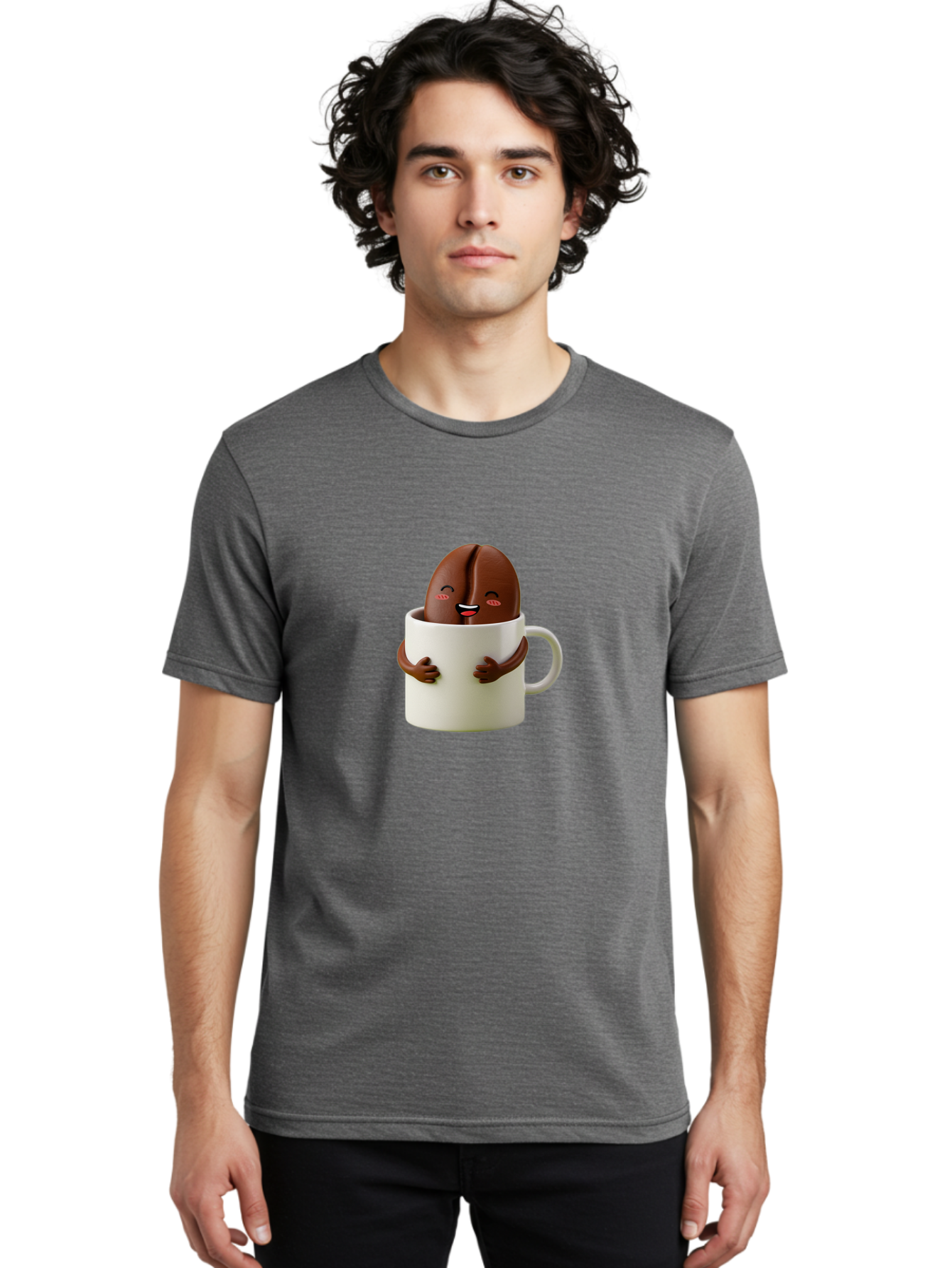 Coffee-Bean-In-Cup Men'S Graphic Tee, 100% Cotton, Comfortable Casual Summer Wear, Machine Washable, Chocolate-Covered Coffee Bean, Coffee Lover, Cute Cartoon Character, Funny Beverage, Happy Face, Quirky Design, Coffee Break, Bab779