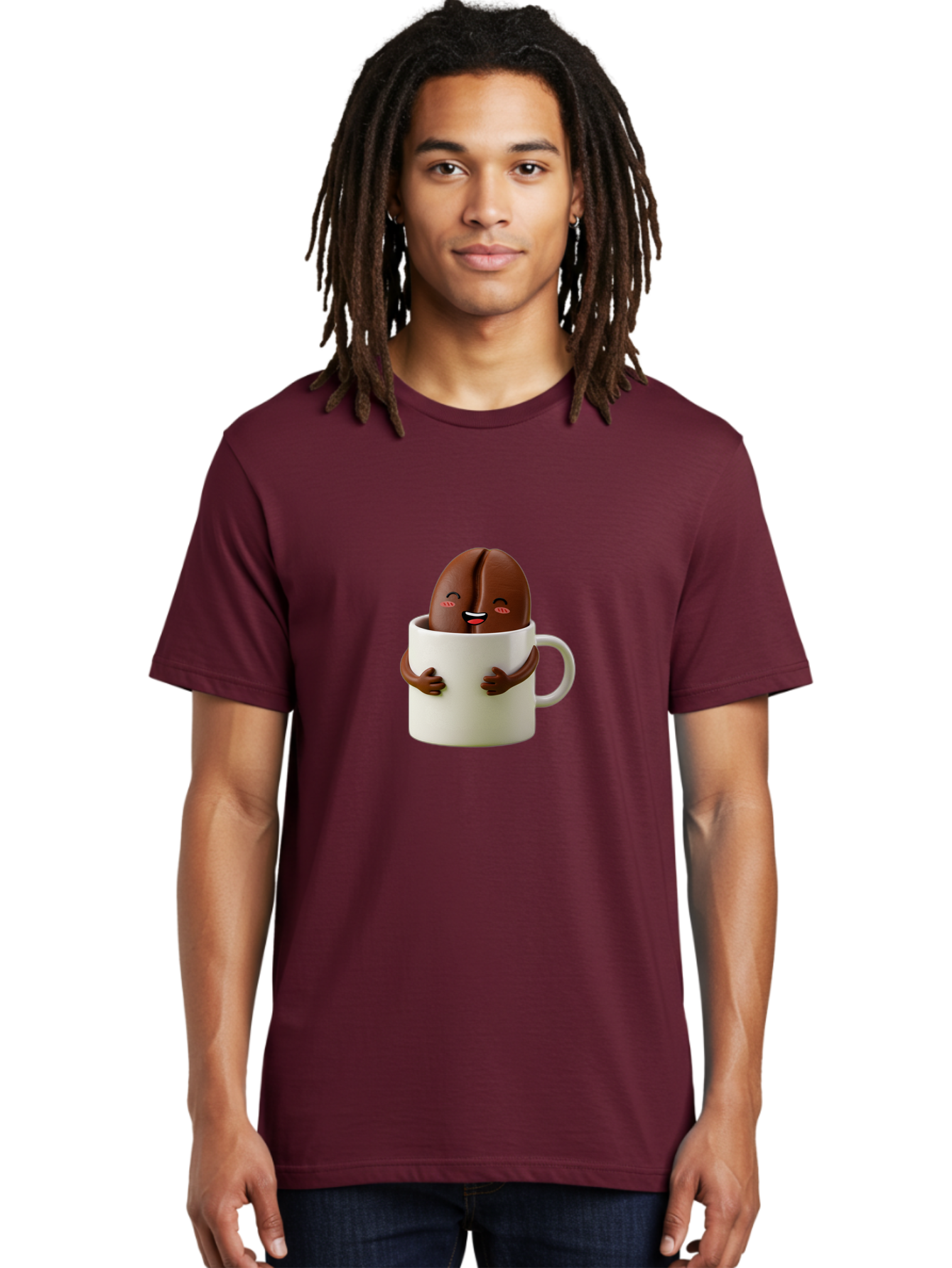 Coffee-Bean-In-Cup Men'S Graphic Tee, 100% Cotton, Comfortable Casual Summer Wear, Machine Washable, Chocolate-Covered Coffee Bean, Coffee Lover, Cute Cartoon Character, Funny Beverage, Happy Face, Quirky Design, Coffee Break, Bab779