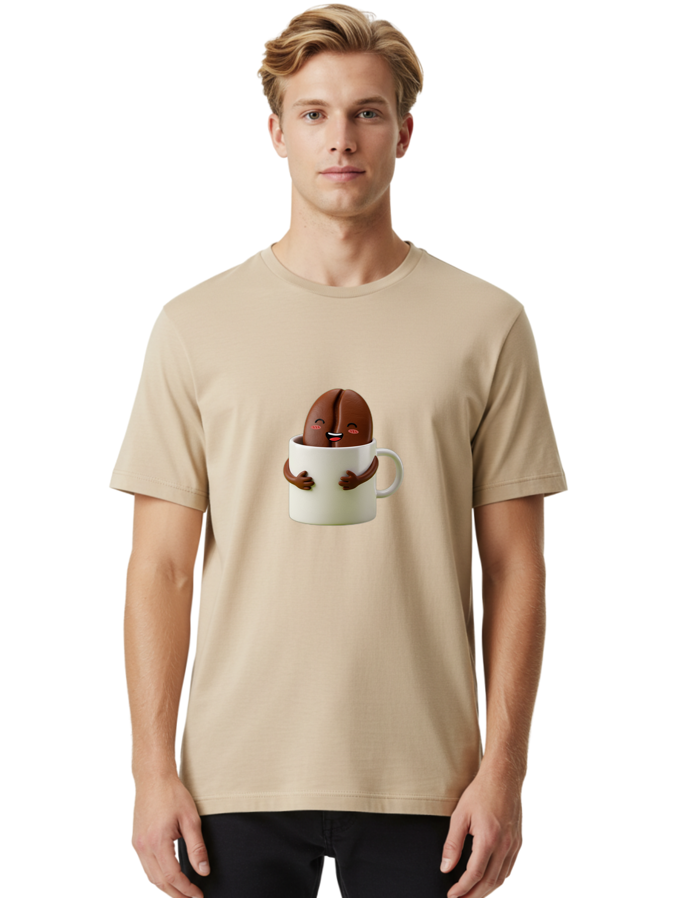 Coffee-Bean-In-Cup Men'S Graphic Tee, 100% Cotton, Comfortable Casual Summer Wear, Machine Washable, Chocolate-Covered Coffee Bean, Coffee Lover, Cute Cartoon Character, Funny Beverage, Happy Face, Quirky Design, Coffee Break, Bab779