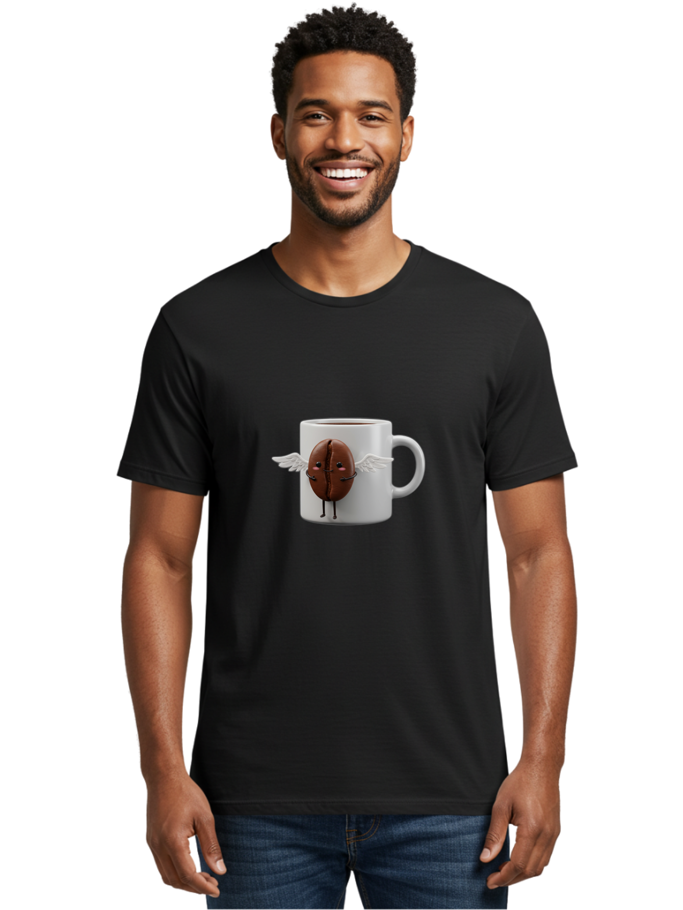 Coffee-Bean-Mug Men'S Graphic Tee, 100% Cotton, Comfortable Casual Summer Wear, Machine Washable, Coffee Mug, Funny Design, Cartoon Coffee Bean, White Wings, Adorable Face, Morning Coffee, Coffee Lover, Coffee Culture, Quirky Accessories Bab780