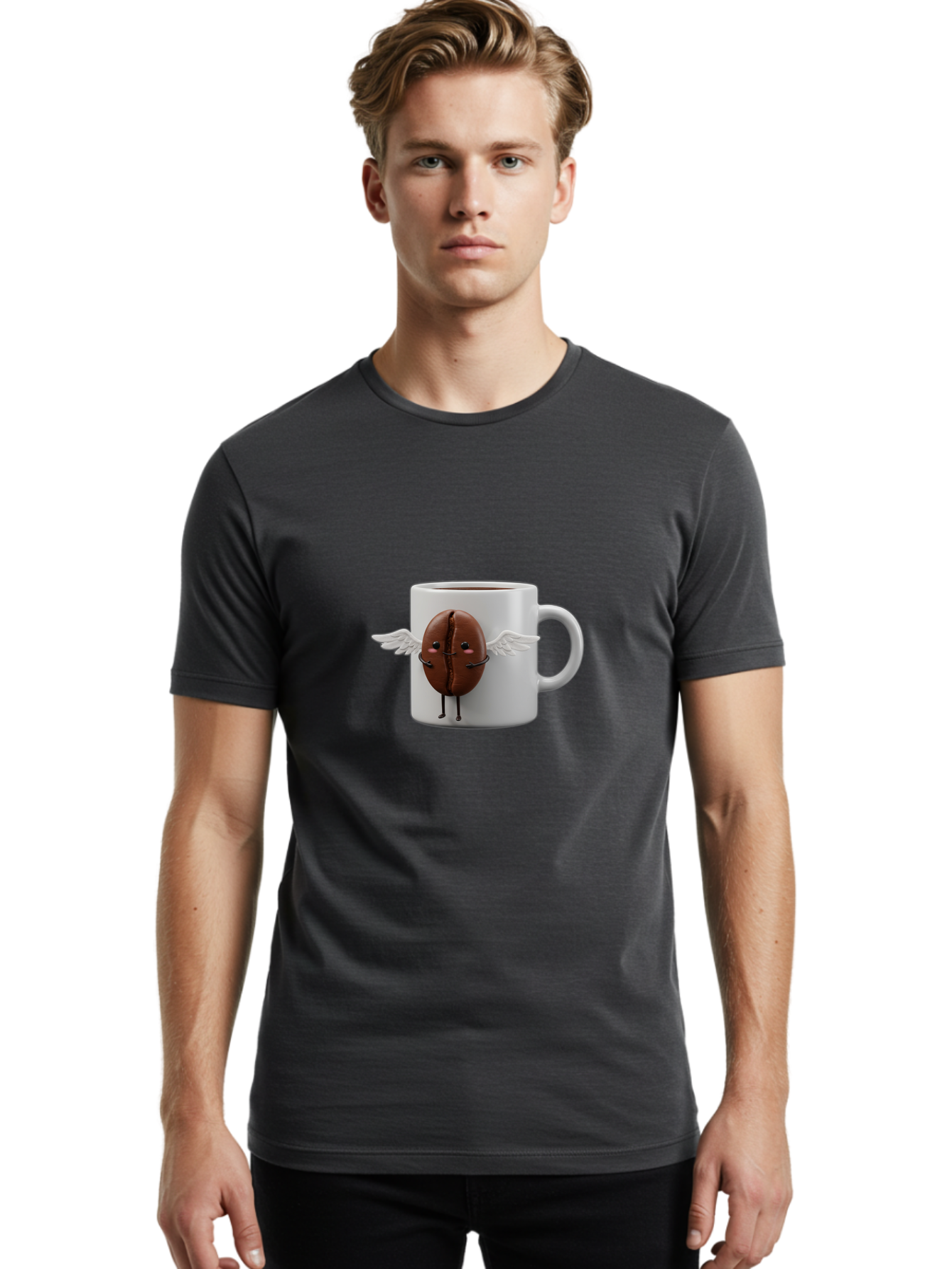 Coffee-Bean-Mug Men'S Graphic Tee, 100% Cotton, Comfortable Casual Summer Wear, Machine Washable, Coffee Mug, Funny Design, Cartoon Coffee Bean, White Wings, Adorable Face, Morning Coffee, Coffee Lover, Coffee Culture, Quirky Accessories Bab780
