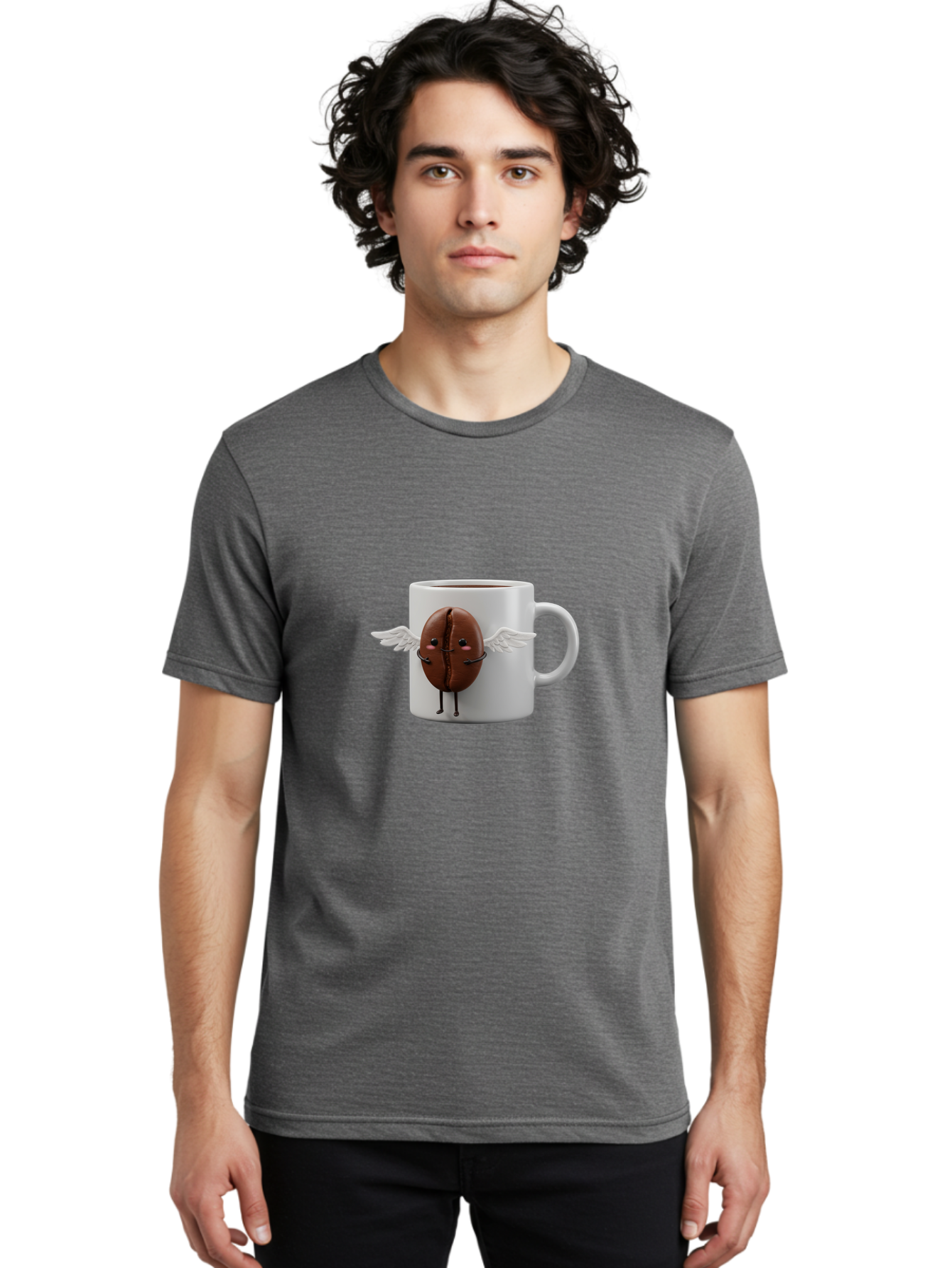 Coffee-Bean-Mug Men'S Graphic Tee, 100% Cotton, Comfortable Casual Summer Wear, Machine Washable, Coffee Mug, Funny Design, Cartoon Coffee Bean, White Wings, Adorable Face, Morning Coffee, Coffee Lover, Coffee Culture, Quirky Accessories Bab780