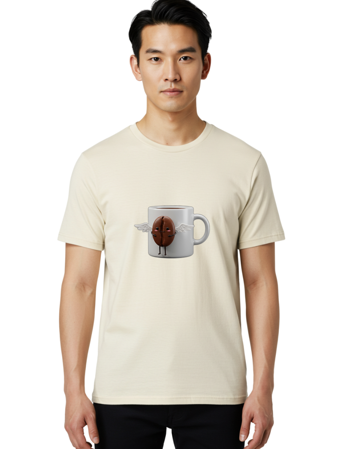 Coffee-Bean-Mug Men'S Graphic Tee, 100% Cotton, Comfortable Casual Summer Wear, Machine Washable, Coffee Mug, Funny Design, Cartoon Coffee Bean, White Wings, Adorable Face, Morning Coffee, Coffee Lover, Coffee Culture, Quirky Accessories Bab780