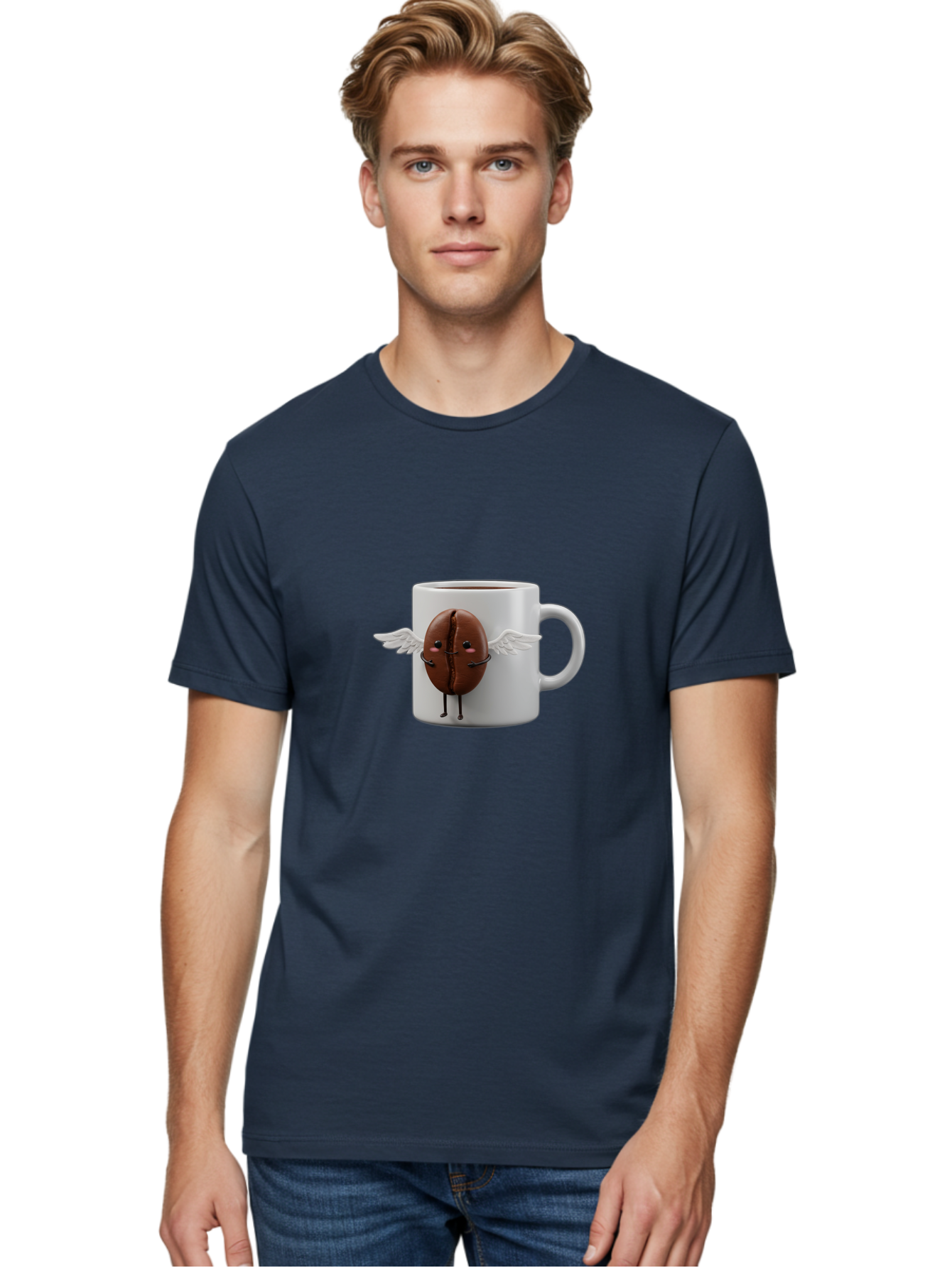 Coffee-Bean-Mug Men'S Graphic Tee, 100% Cotton, Comfortable Casual Summer Wear, Machine Washable, Coffee Mug, Funny Design, Cartoon Coffee Bean, White Wings, Adorable Face, Morning Coffee, Coffee Lover, Coffee Culture, Quirky Accessories Bab780