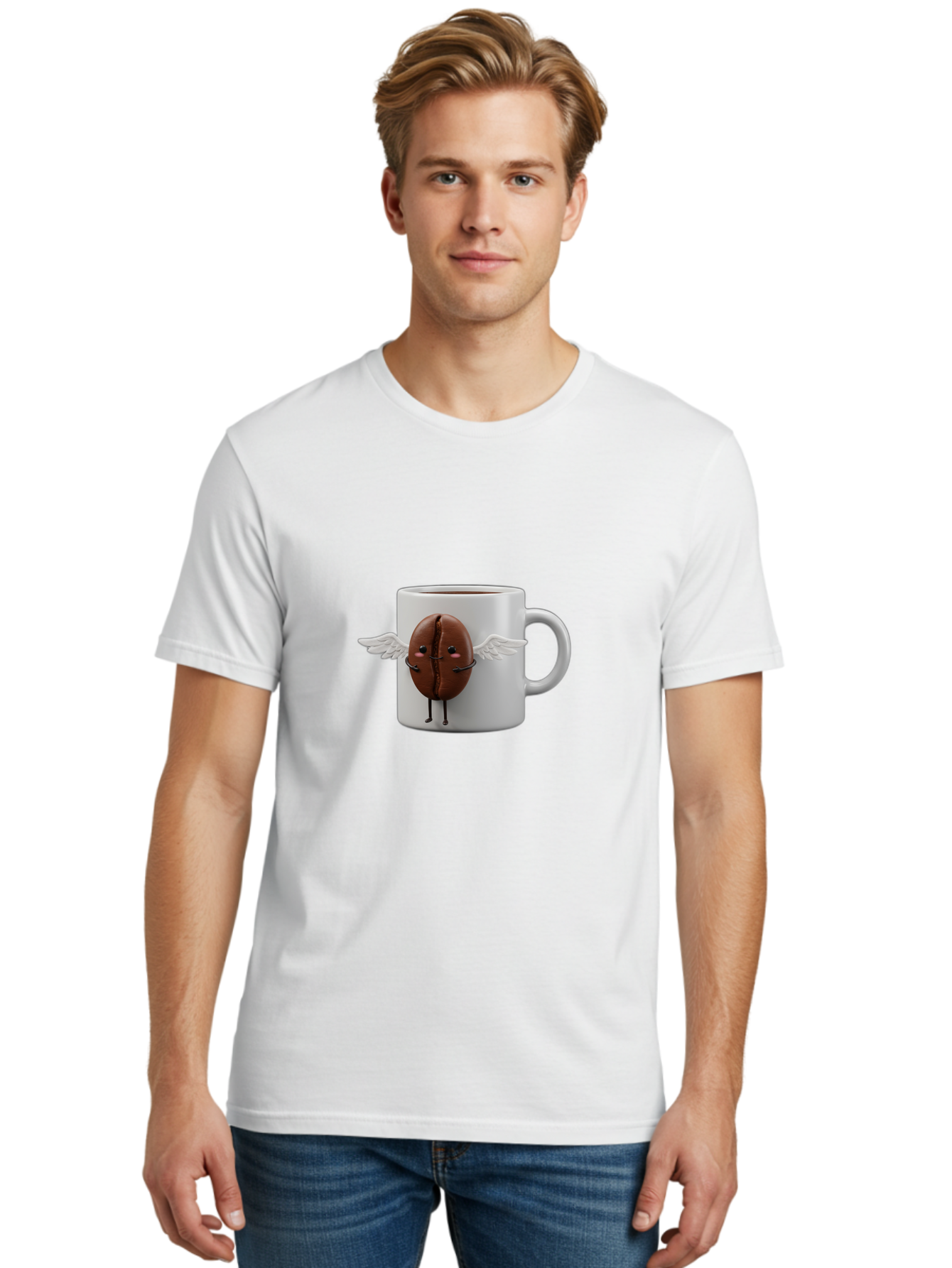 Coffee-Bean-Mug Men'S Graphic Tee, 100% Cotton, Comfortable Casual Summer Wear, Machine Washable, Coffee Mug, Funny Design, Cartoon Coffee Bean, White Wings, Adorable Face, Morning Coffee, Coffee Lover, Coffee Culture, Quirky Accessories Bab780