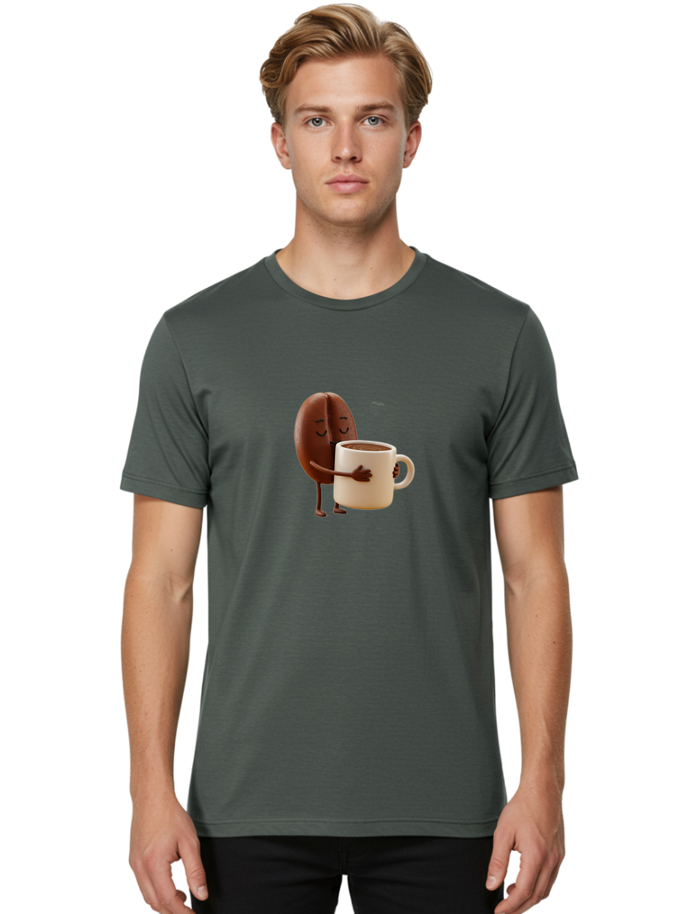 Coffee-Bean Men'S Graphic Tee, 100% Cotton, Comfortable Casual Summer Wear, Machine Washable, Coffee Bean, Anthropomorphic Character, Holding Coffee Cup, Warm Beverage, Coffee Lover, Cute Character, Cartoon Style, Morning Routine, Coffee Time Bab781