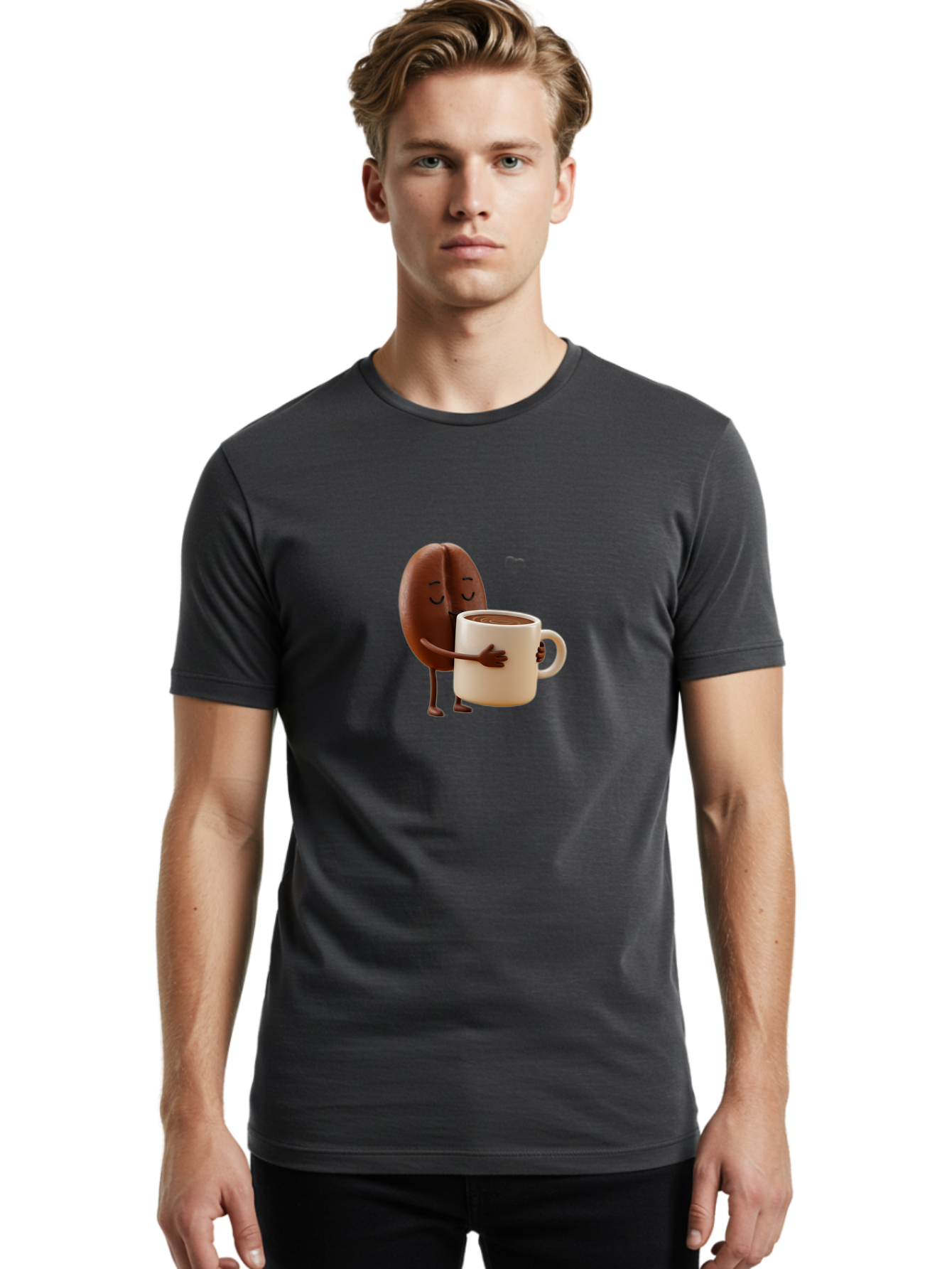 Coffee-Bean Men'S Graphic Tee, 100% Cotton, Comfortable Casual Summer Wear, Machine Washable, Coffee Bean, Anthropomorphic Character, Holding Coffee Cup, Warm Beverage, Coffee Lover, Cute Character, Cartoon Style, Morning Routine, Coffee Time Bab781