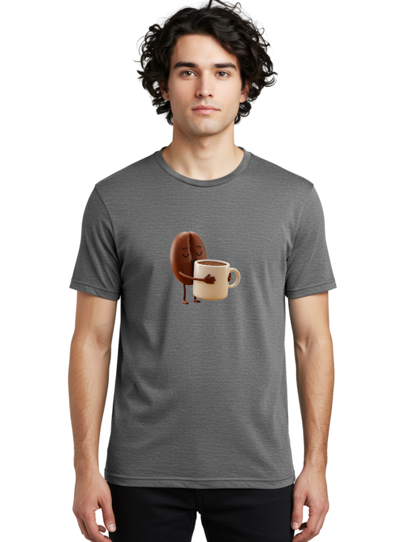 Coffee-Bean Men'S Graphic Tee, 100% Cotton, Comfortable Casual Summer Wear, Machine Washable, Coffee Bean, Anthropomorphic Character, Holding Coffee Cup, Warm Beverage, Coffee Lover, Cute Character, Cartoon Style, Morning Routine, Coffee Time Bab781