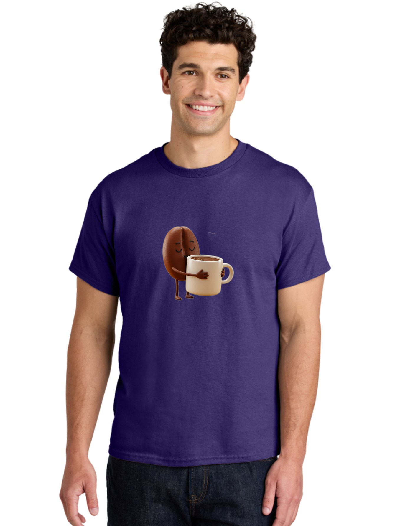 Coffee-Bean Men'S Graphic Tee, 100% Cotton, Comfortable Casual Summer Wear, Machine Washable, Coffee Bean, Anthropomorphic Character, Holding Coffee Cup, Warm Beverage, Coffee Lover, Cute Character, Cartoon Style, Morning Routine, Coffee Time Bab781