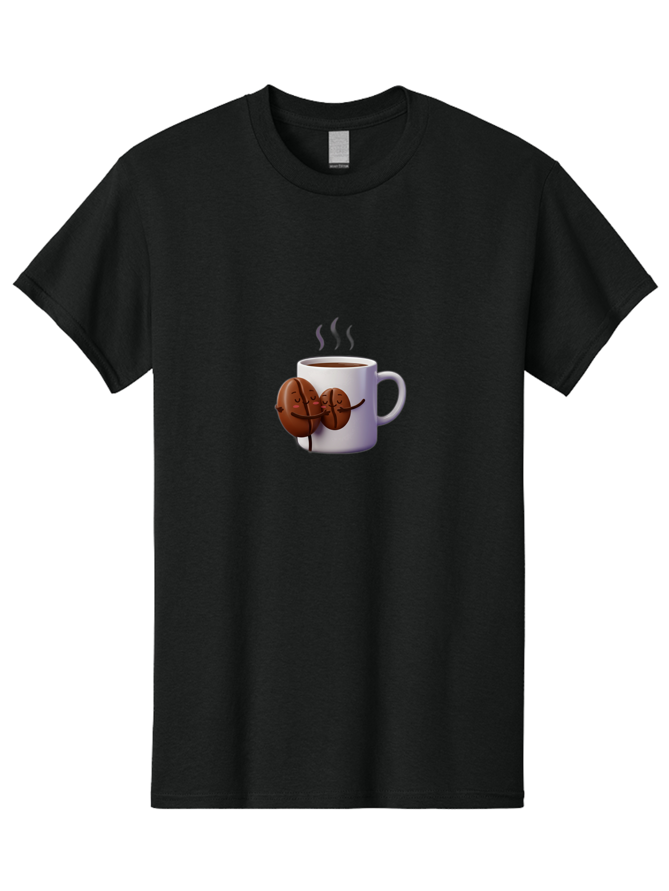 Coffee-Beans-Hugging-Coffee-Mug Men'S Graphic Tee, 100% Cotton, Comfortable Casual Summer Wear, Machine Washable, Cartoon Coffee Beans, Steaming Hot Coffee, Coffee Cups, Morning Coffee, Coffee Lovers, Coffee Break Bab782