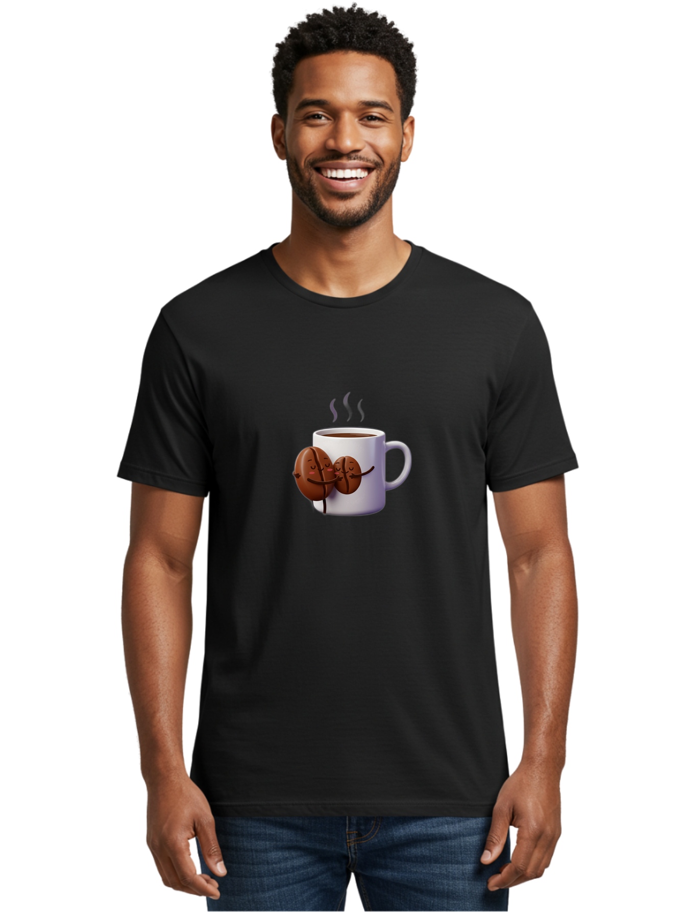 Coffee-Beans-Hugging-Coffee-Mug Men'S Graphic Tee, 100% Cotton, Comfortable Casual Summer Wear, Machine Washable, Cartoon Coffee Beans, Steaming Hot Coffee, Coffee Cups, Morning Coffee, Coffee Lovers, Coffee Break Bab782
