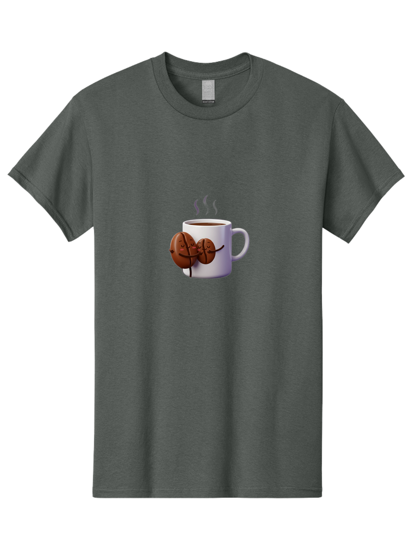 Coffee-Beans-Hugging-Coffee-Mug Men'S Graphic Tee, 100% Cotton, Comfortable Casual Summer Wear, Machine Washable, Cartoon Coffee Beans, Steaming Hot Coffee, Coffee Cups, Morning Coffee, Coffee Lovers, Coffee Break Bab782