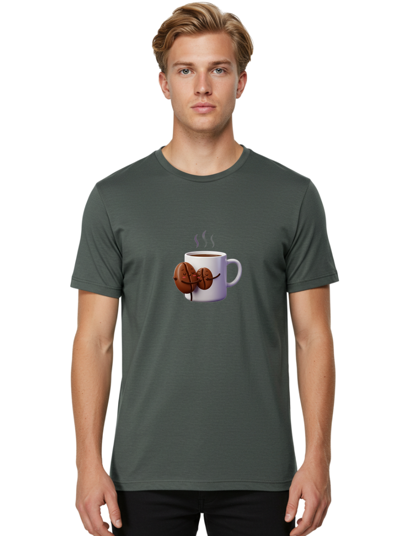 Coffee-Beans-Hugging-Coffee-Mug Men'S Graphic Tee, 100% Cotton, Comfortable Casual Summer Wear, Machine Washable, Cartoon Coffee Beans, Steaming Hot Coffee, Coffee Cups, Morning Coffee, Coffee Lovers, Coffee Break Bab782