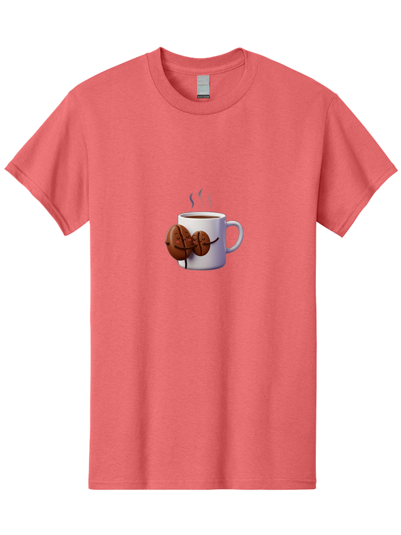 Coffee-Beans-Hugging-Coffee-Mug Men'S Graphic Tee, 100% Cotton, Comfortable Casual Summer Wear, Machine Washable, Cartoon Coffee Beans, Steaming Hot Coffee, Coffee Cups, Morning Coffee, Coffee Lovers, Coffee Break Bab782