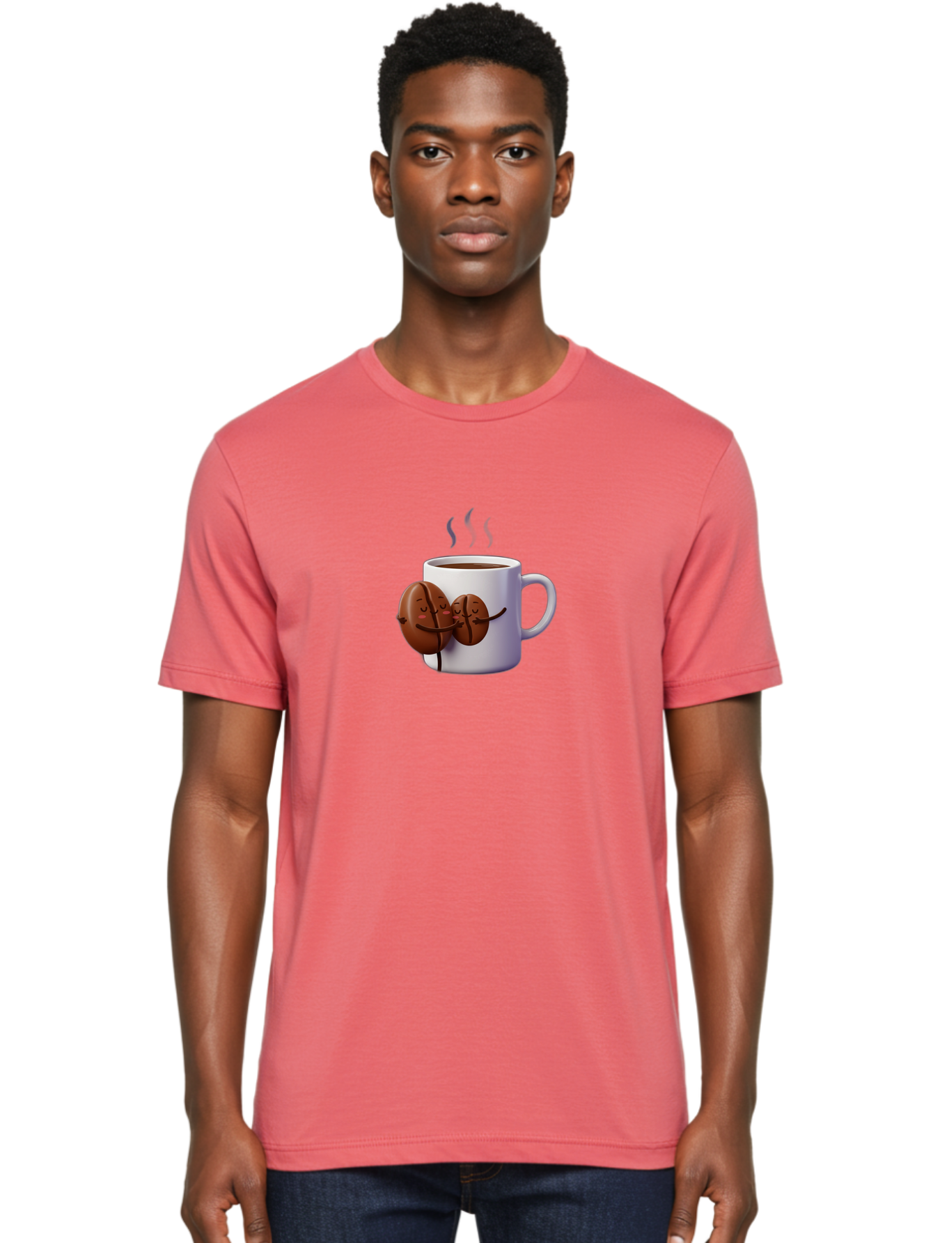 Coffee-Beans-Hugging-Coffee-Mug Men'S Graphic Tee, 100% Cotton, Comfortable Casual Summer Wear, Machine Washable, Cartoon Coffee Beans, Steaming Hot Coffee, Coffee Cups, Morning Coffee, Coffee Lovers, Coffee Break Bab782