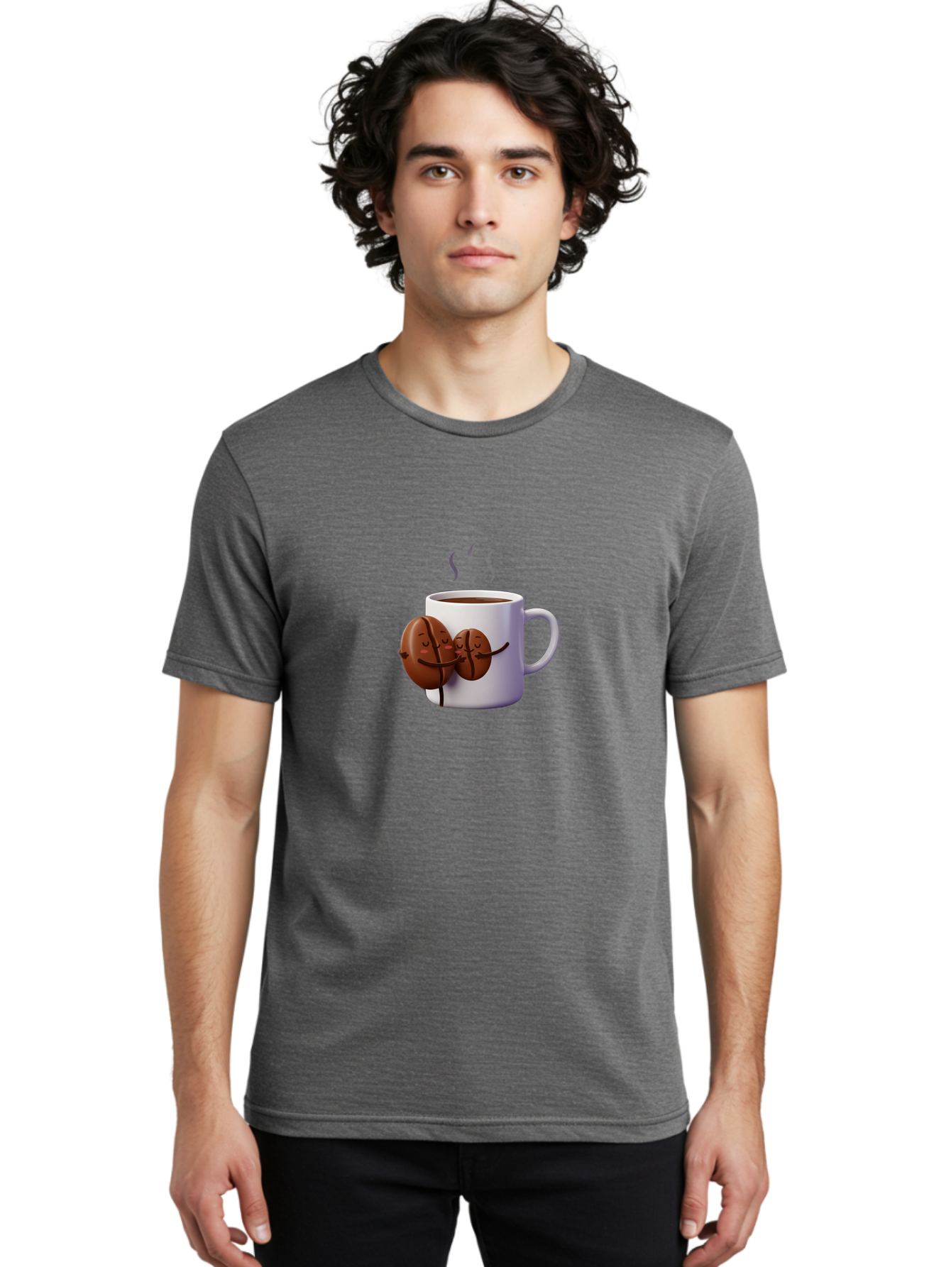 Coffee-Beans-Hugging-Coffee-Mug Men'S Graphic Tee, 100% Cotton, Comfortable Casual Summer Wear, Machine Washable, Cartoon Coffee Beans, Steaming Hot Coffee, Coffee Cups, Morning Coffee, Coffee Lovers, Coffee Break Bab782