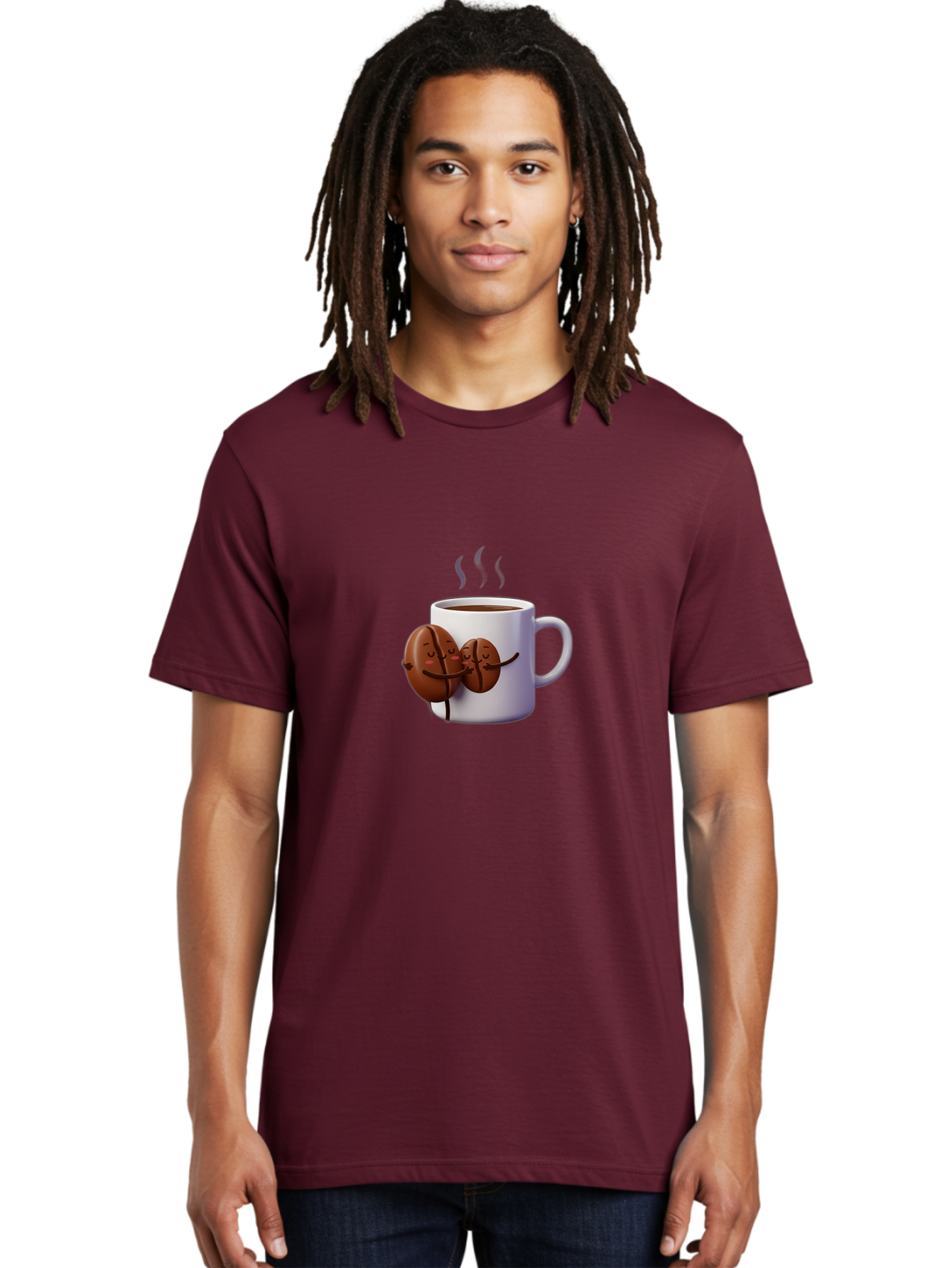 Coffee-Beans-Hugging-Coffee-Mug Men'S Graphic Tee, 100% Cotton, Comfortable Casual Summer Wear, Machine Washable, Cartoon Coffee Beans, Steaming Hot Coffee, Coffee Cups, Morning Coffee, Coffee Lovers, Coffee Break Bab782